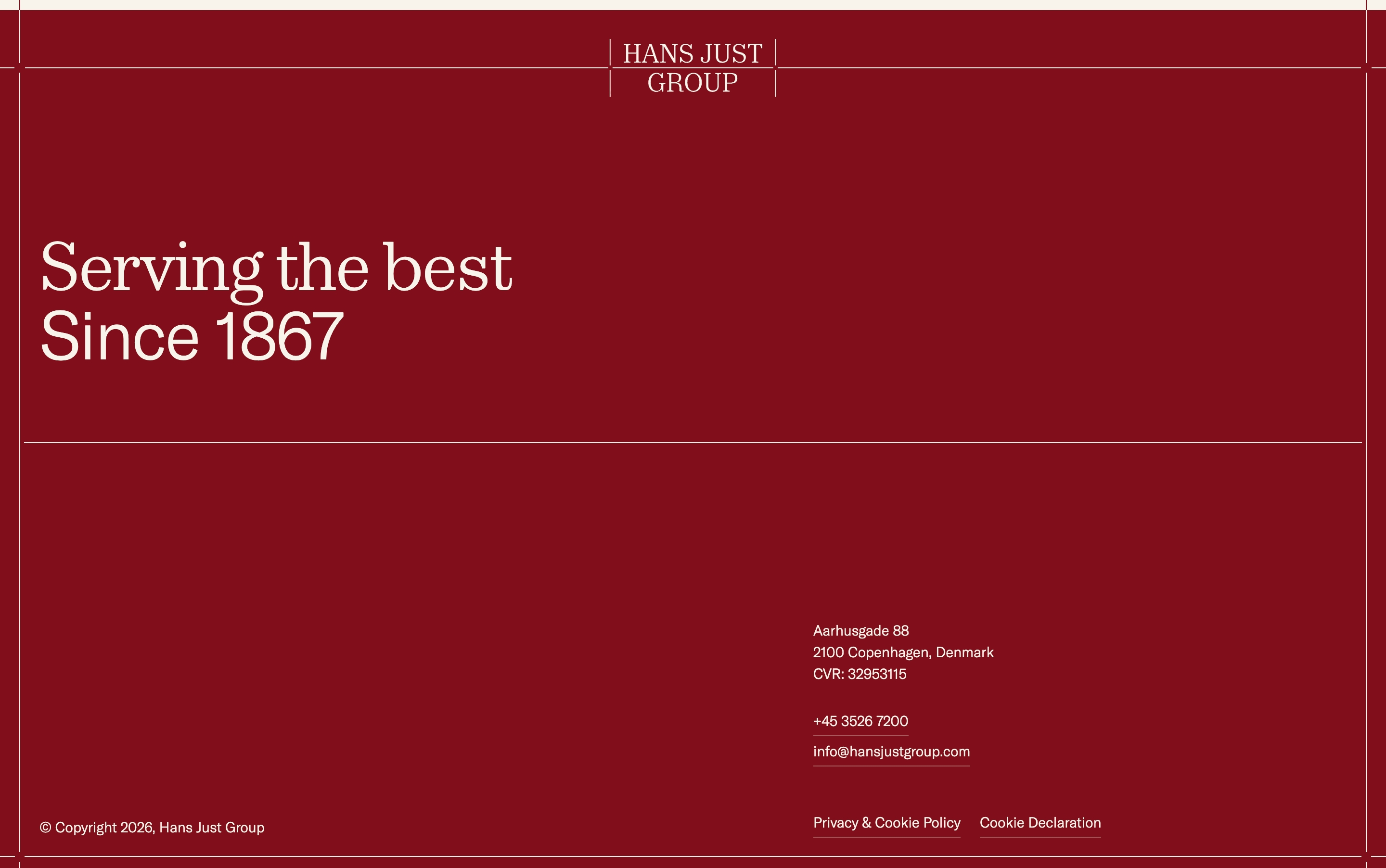 Hans Just Group footer on deep red with centered logo, heritage headline, Copenhagen contacts, and policy links