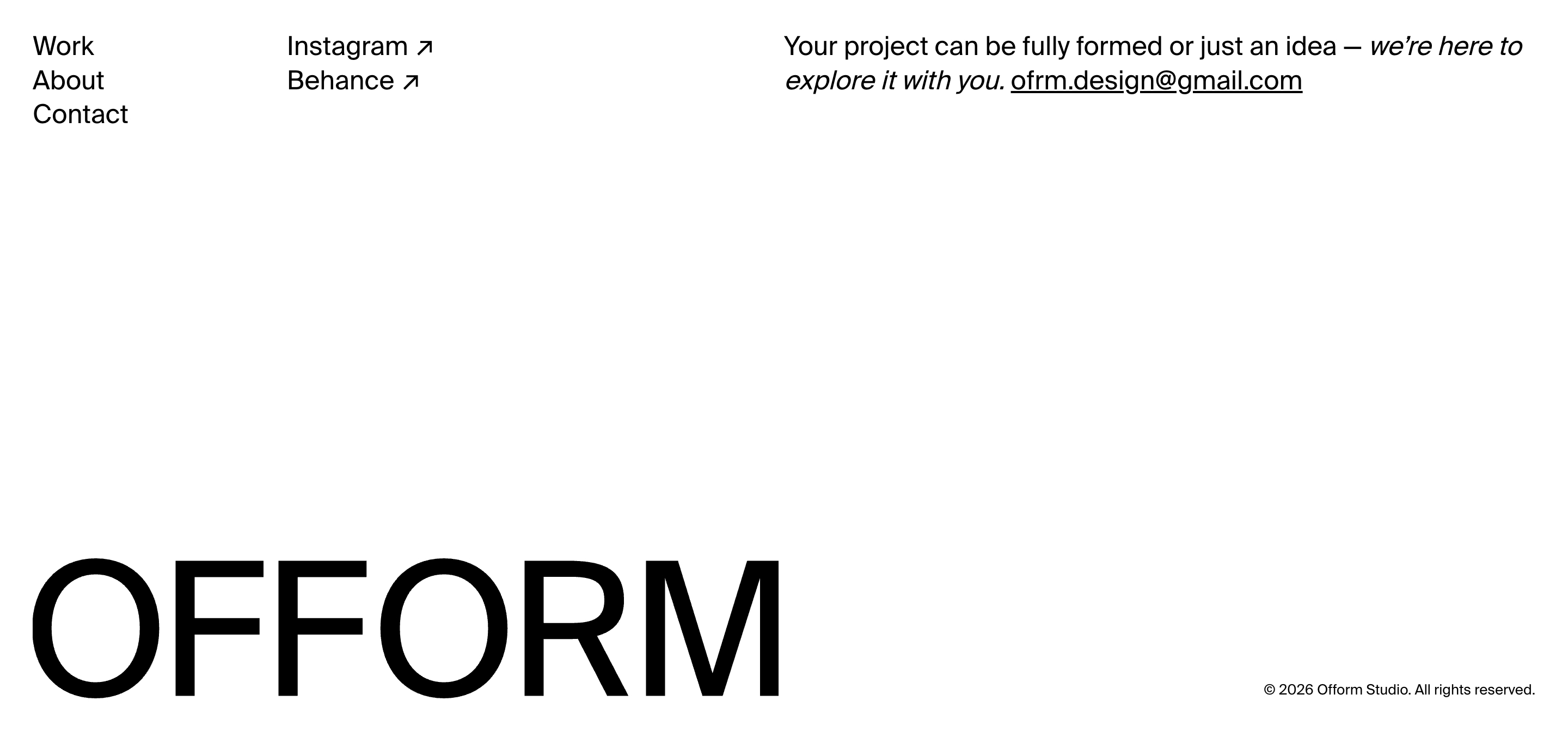 Ofform Studio footer with nav, Instagram and Behance, email invite, oversized OFFORM wordmark, and copyright.