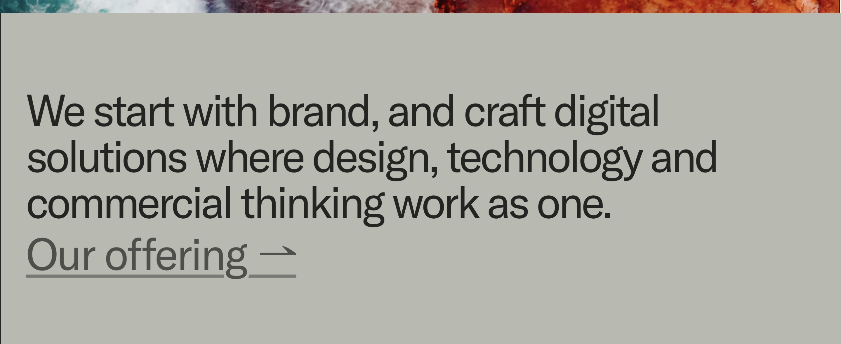 Dobre Agency value proposition: large brand-and-digital headline and underlined Our offering arrow on gray
