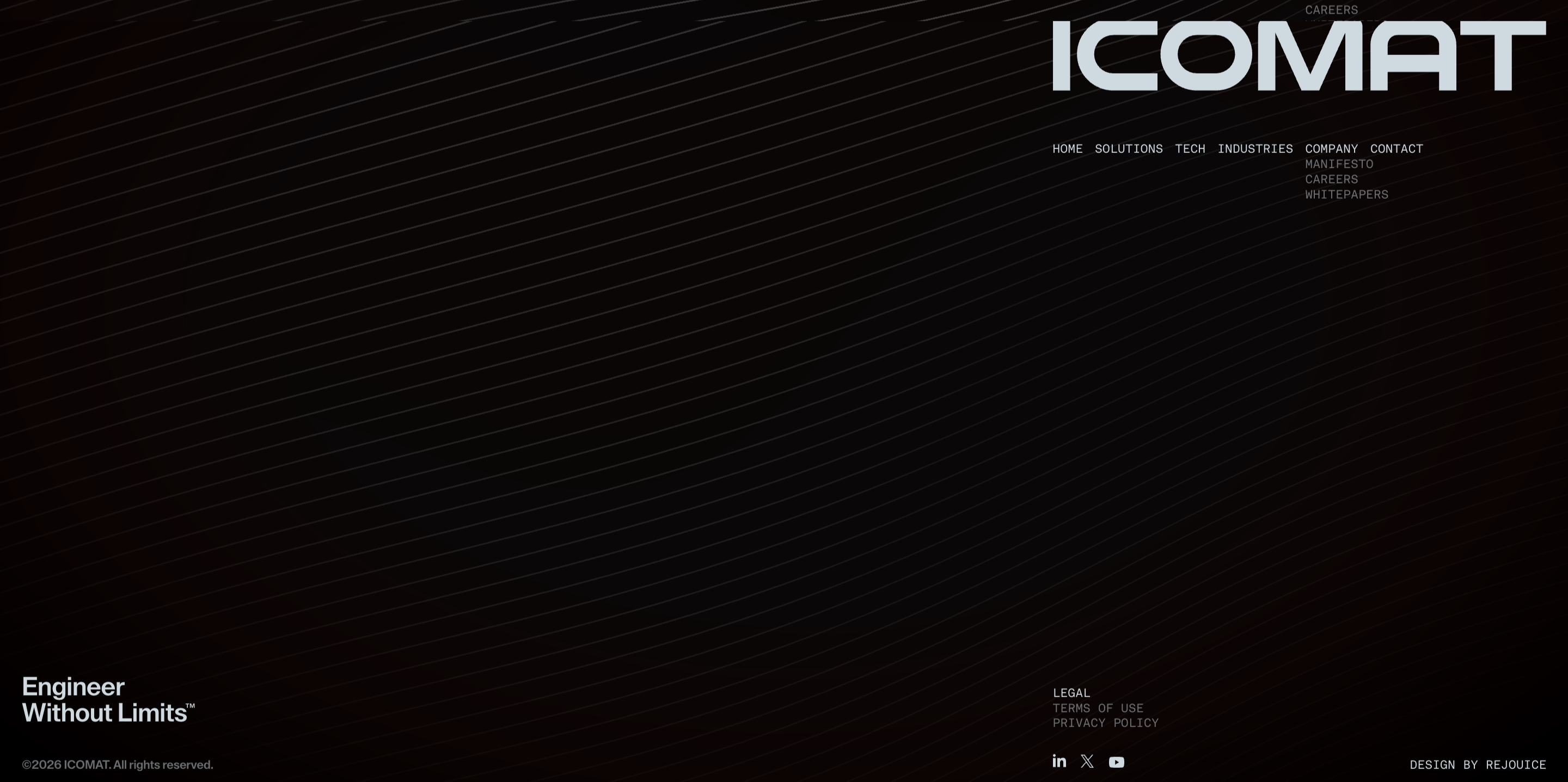 Icomat footer: large ICOMAT wordmark, site nav, tagline, and legal links on a dark diagonally lined field