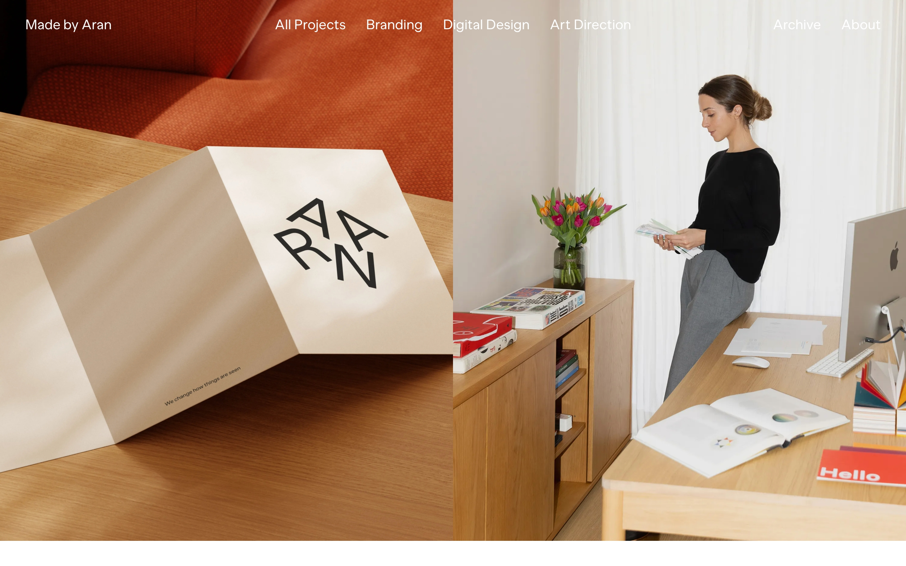 Made by Aran hero: split photos of an ARAN print on wood and a woman at a studio desk, with white top nav.