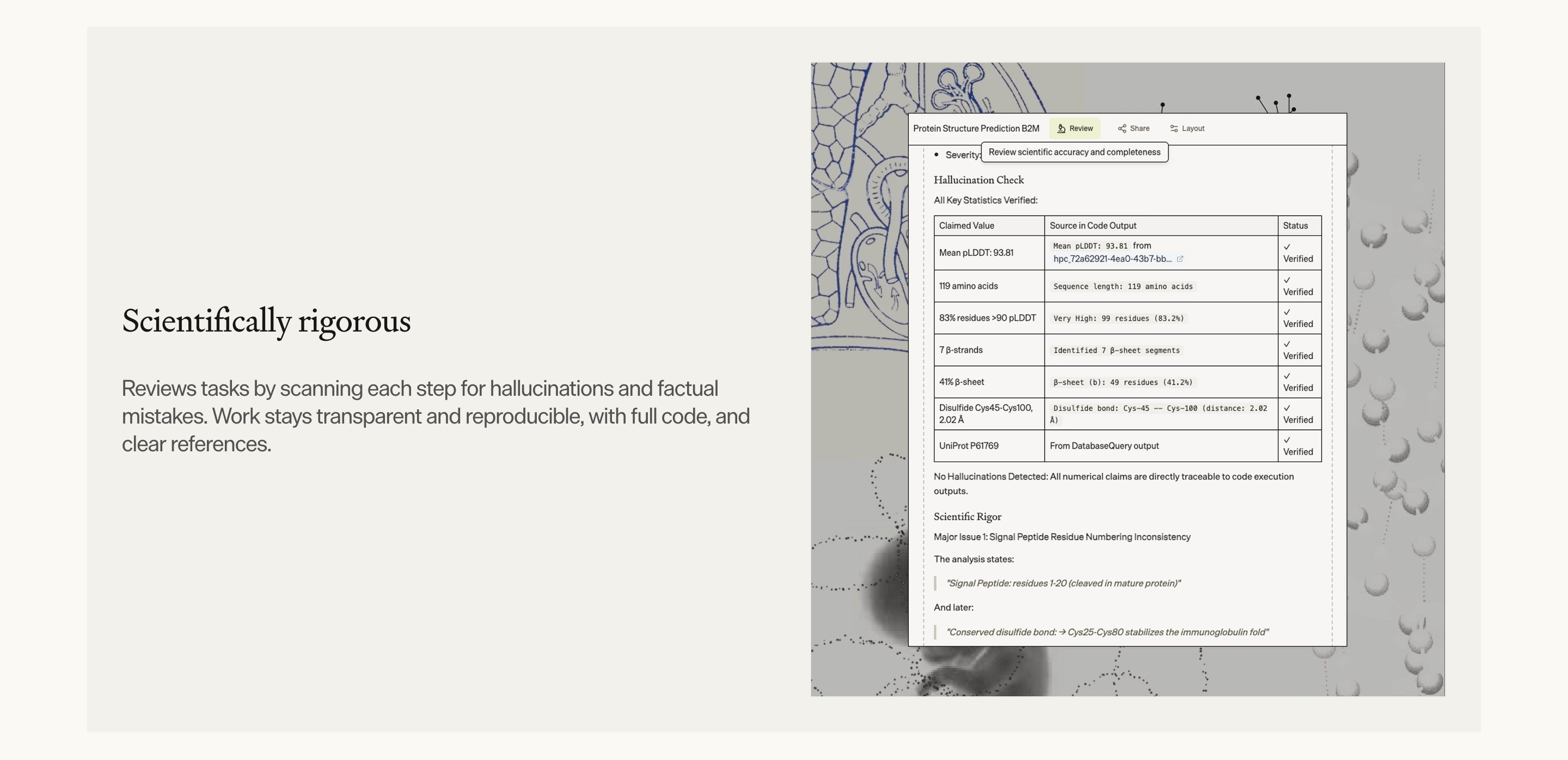 Phylo scientifically rigorous feature: serif headline and copy left, protein review table over scientific imagery right