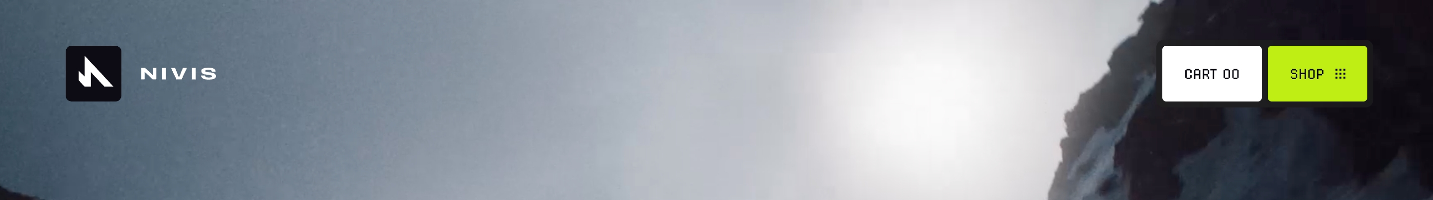 Nivis Gear header: NIVIS logo left, Cart 00 and lime Shop buttons right over a misty mountain photo