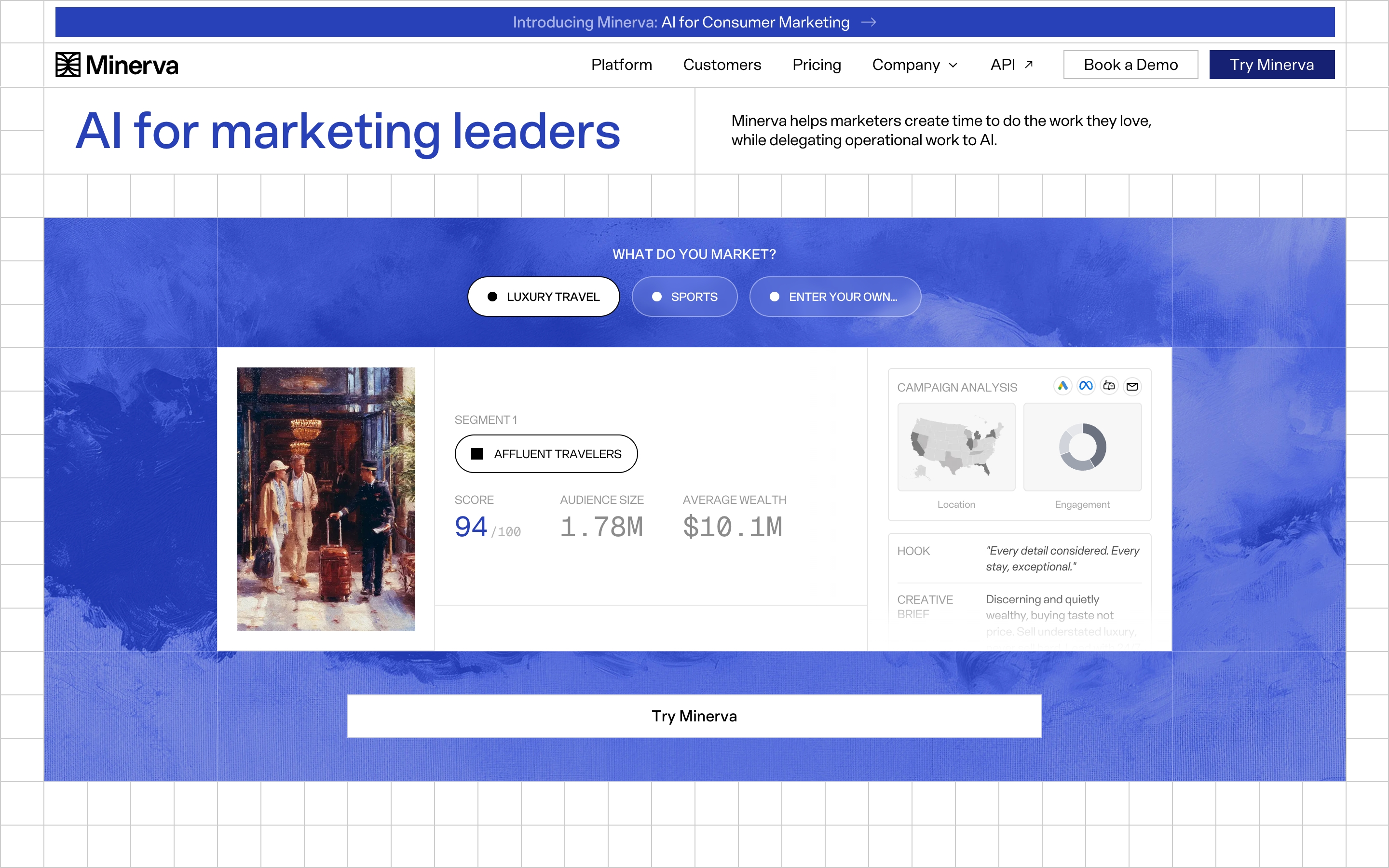 Minerva hero with nav, AI for marketing leaders headline, luxury travel segment card, and Try Minerva CTA