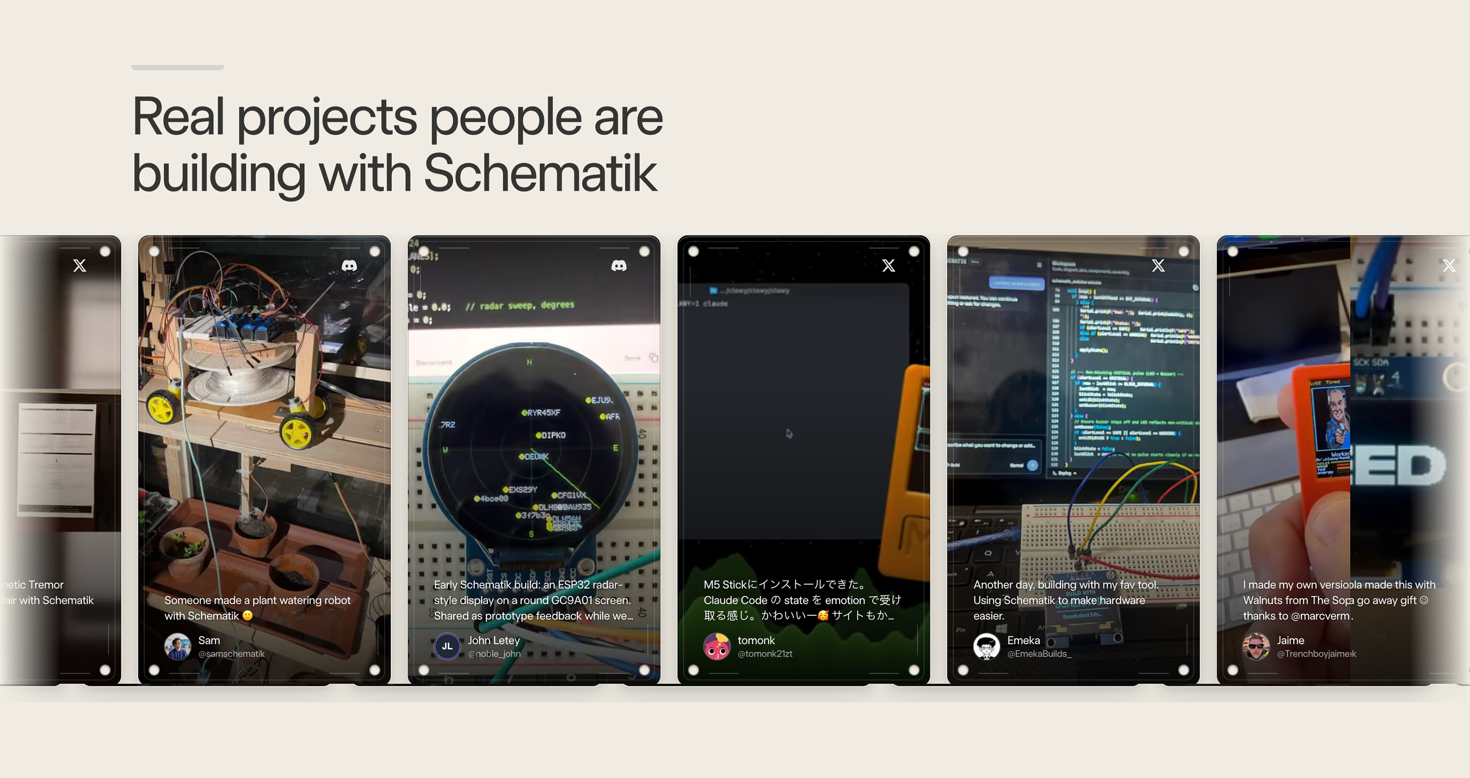 Schematik testimonials with a large headline and a cropped row of social cards showing hardware projects