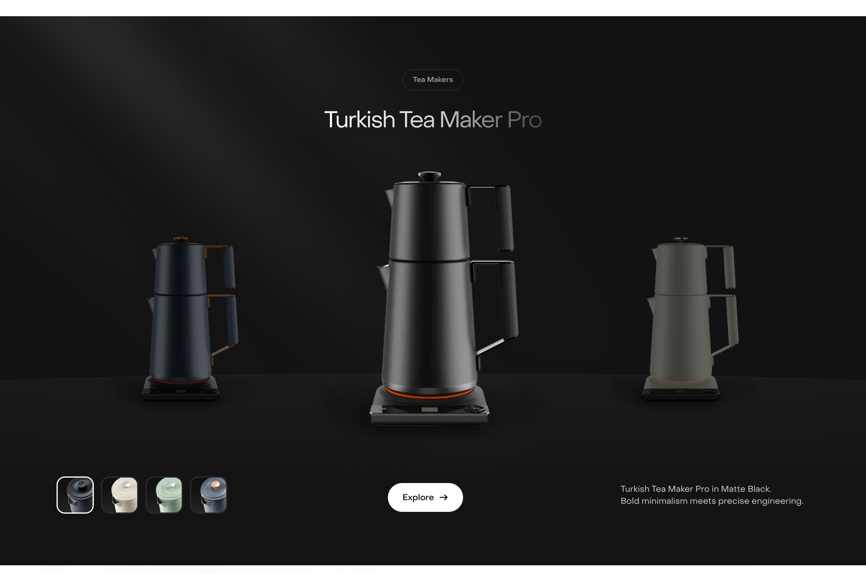 Saki product showcase of Turkish Tea Maker Pro: three kettles on black with color thumbnails, Explore button, and caption