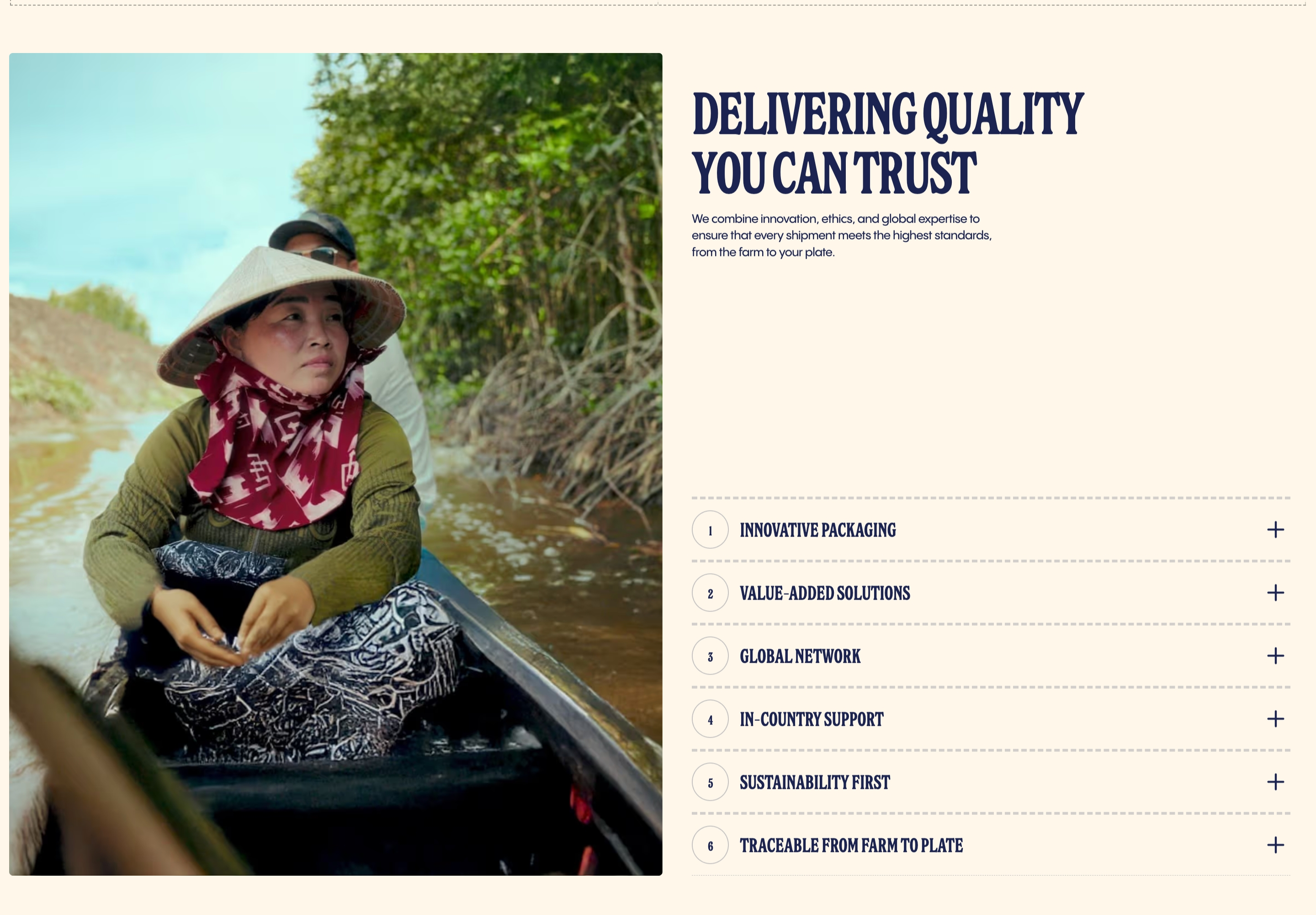 Haven Foods operational standards: boat photo beside a numbered list of six quality claims