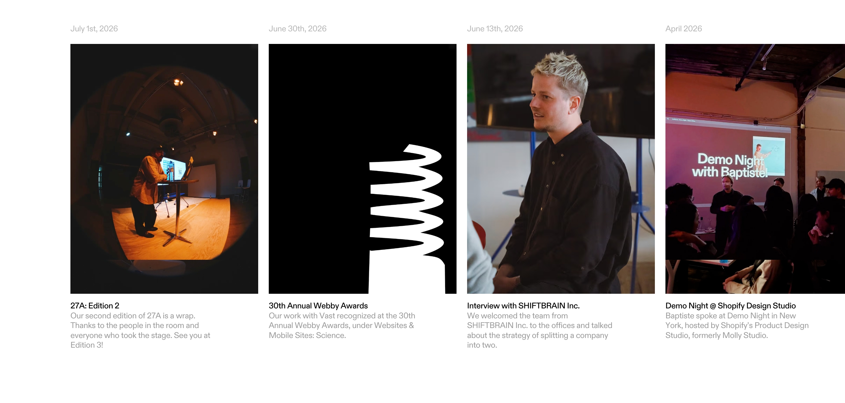 Antinomy Studio news grid of four story cards with dates, photos, a graphic, headlines and short blurbs.