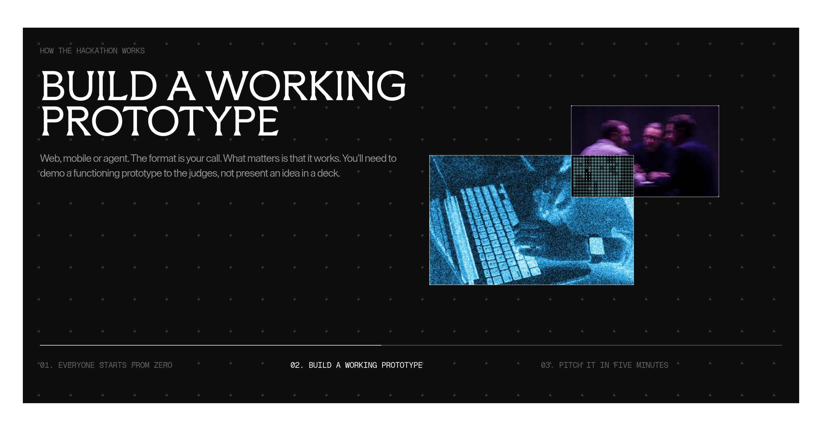 Builders Table how-it-works section with large prototype headline, overlapping grainy photos, and three numbered steps on black