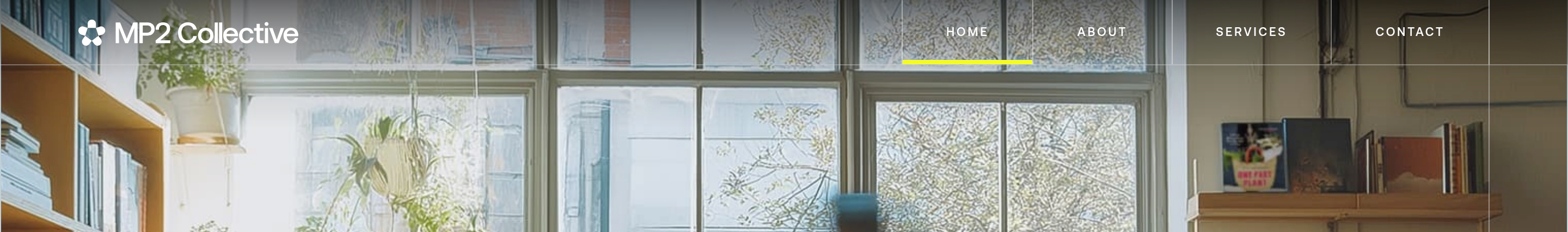 MP2 Collective navigation header with logo and Home, About, Services, Contact over a windowed office photo.
