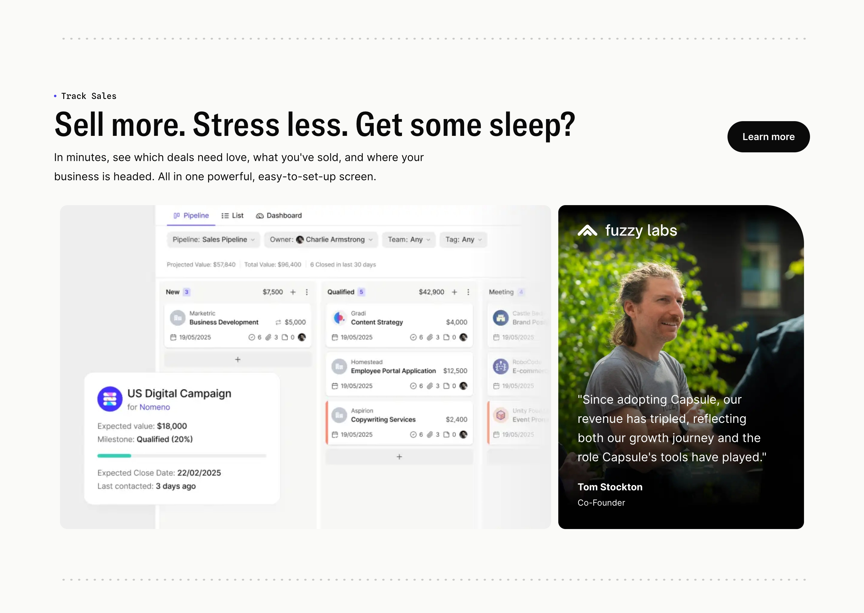 Capsule CRM track sales section with pipeline UI, overlapping deal card, and Fuzzy Labs founder testimonial