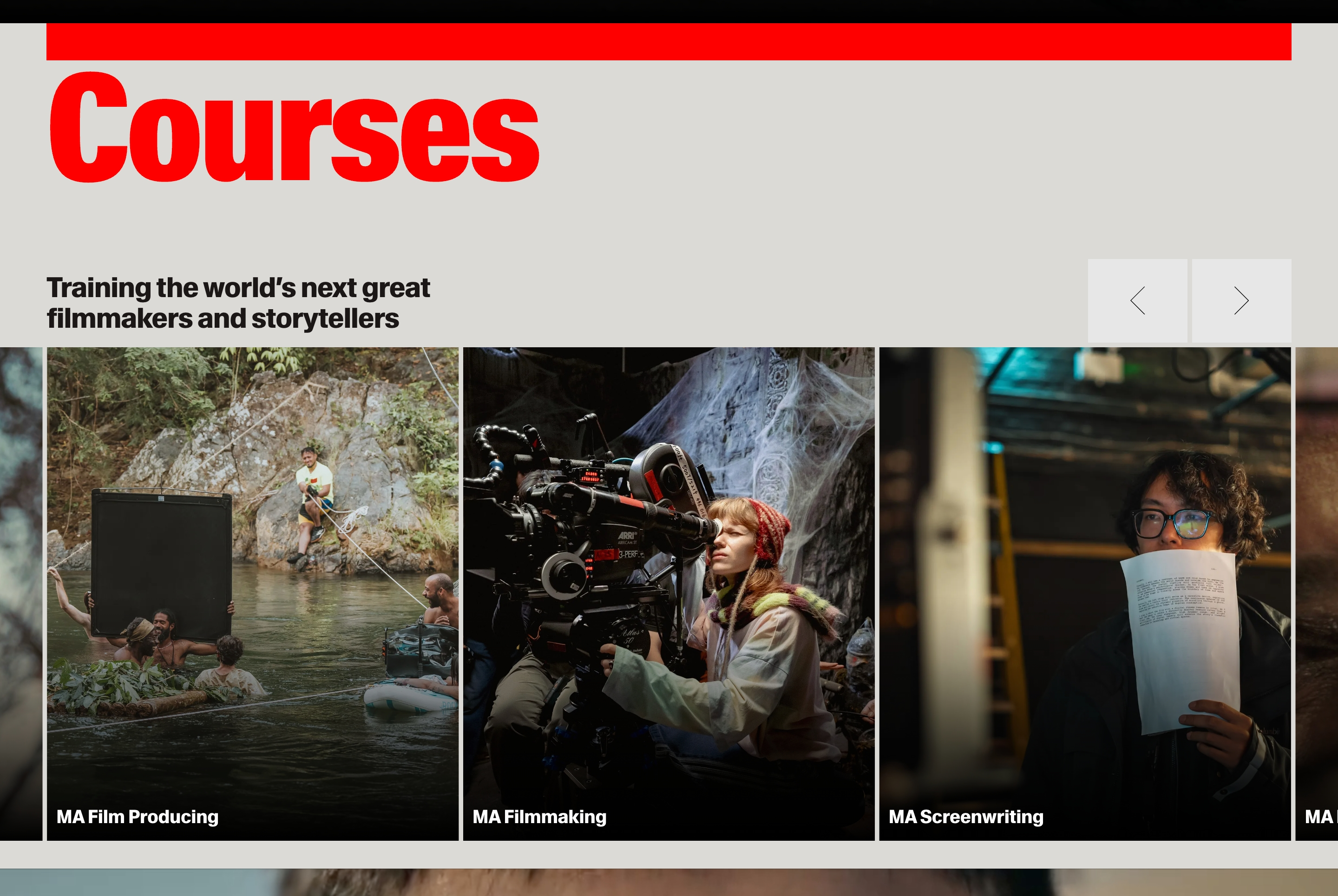 London Film School courses carousel with red Courses heading and photo cards for producing, filmmaking, and screenwriting.