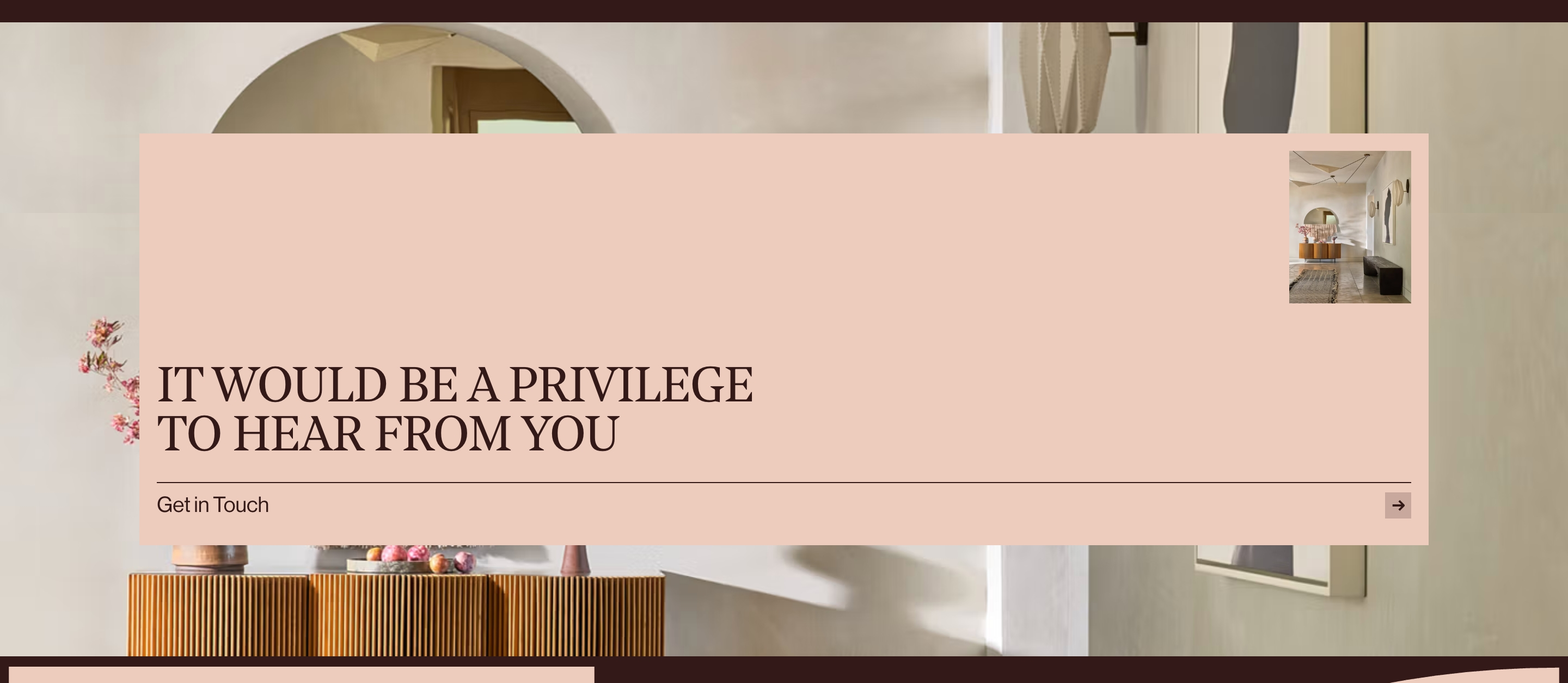House of Honey contact CTA: blush panel over an interior photo with privilege headline and Get in Touch