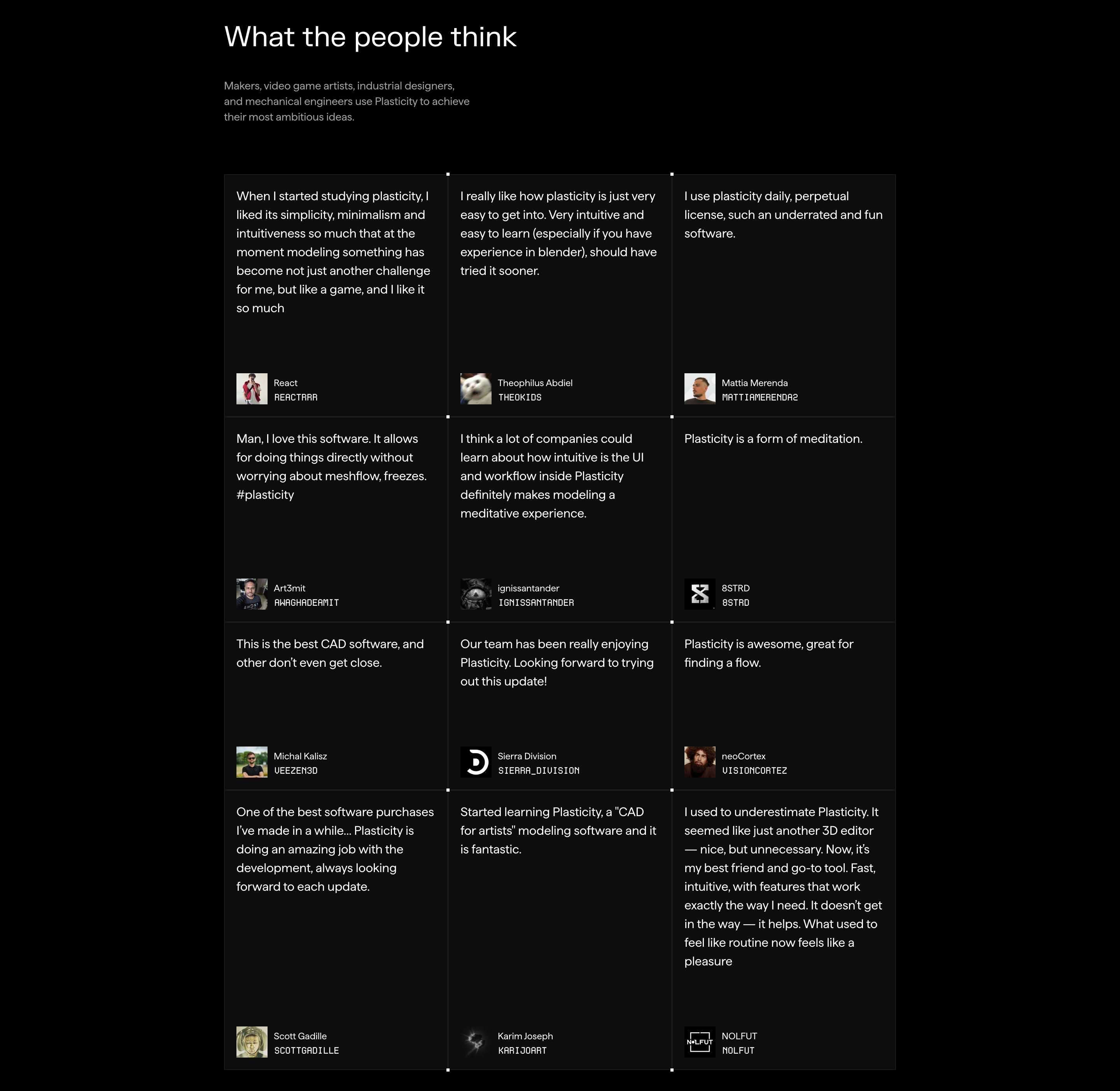 Plasticity testimonials section with heading and a three-column grid of dark quote cards with avatars.
