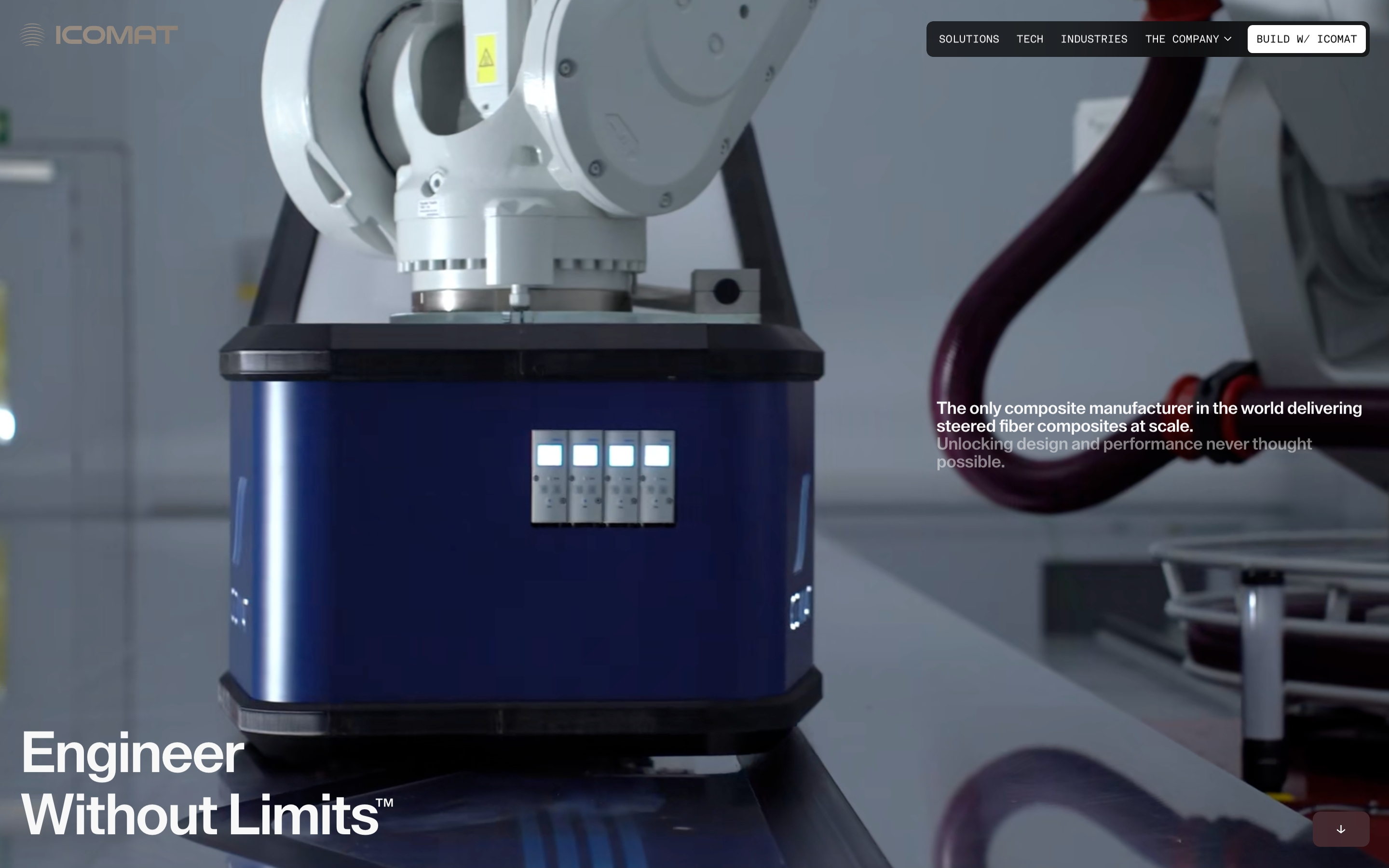 Icomat hero with robotic arm on a blue machine, overlay headline Engineer Without Limits, and top navigation