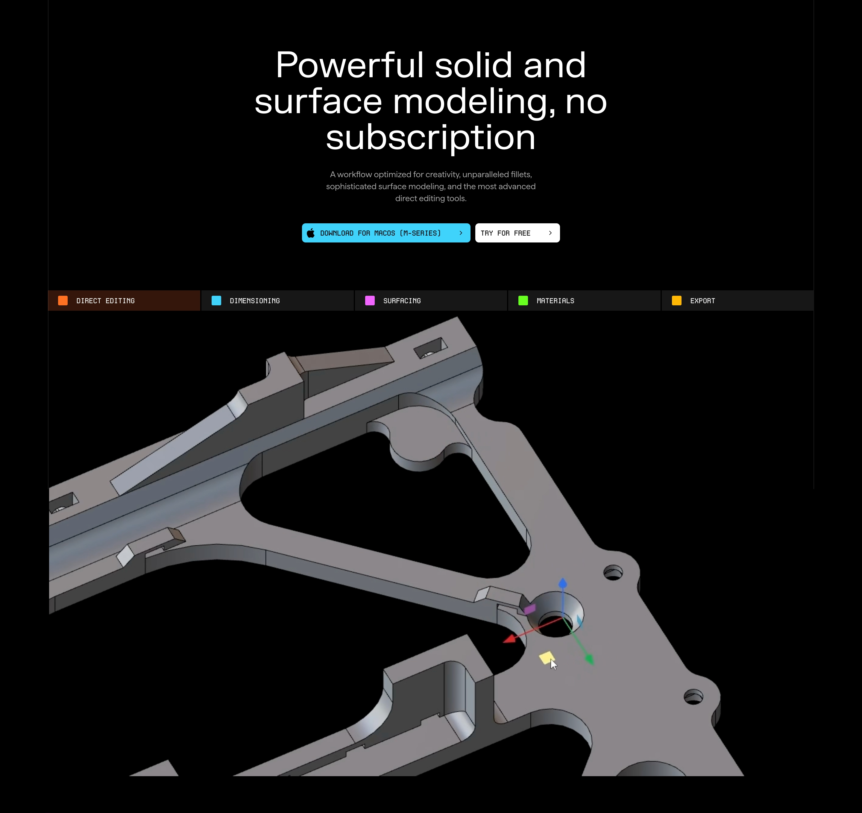 Plasticity hero with oversized headline, two buttons, feature tabs, and a gray 3D mechanical part on black.