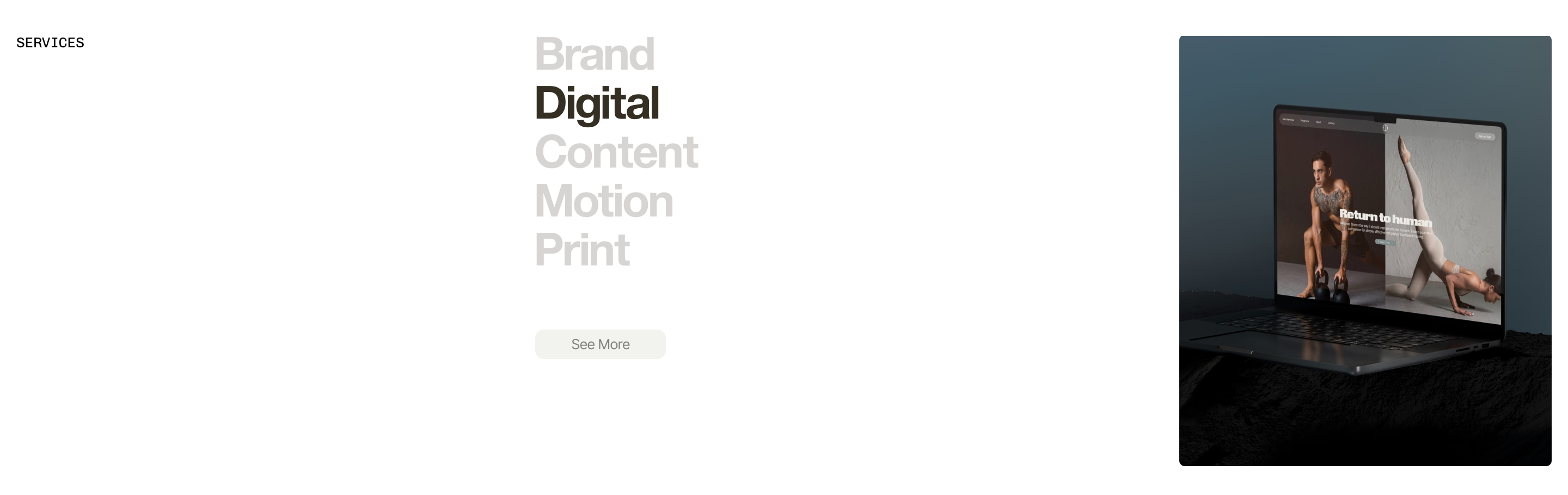Dirtverse services section: stacked Brand, Digital, Content, Motion, Print list and laptop showing a fitness site.