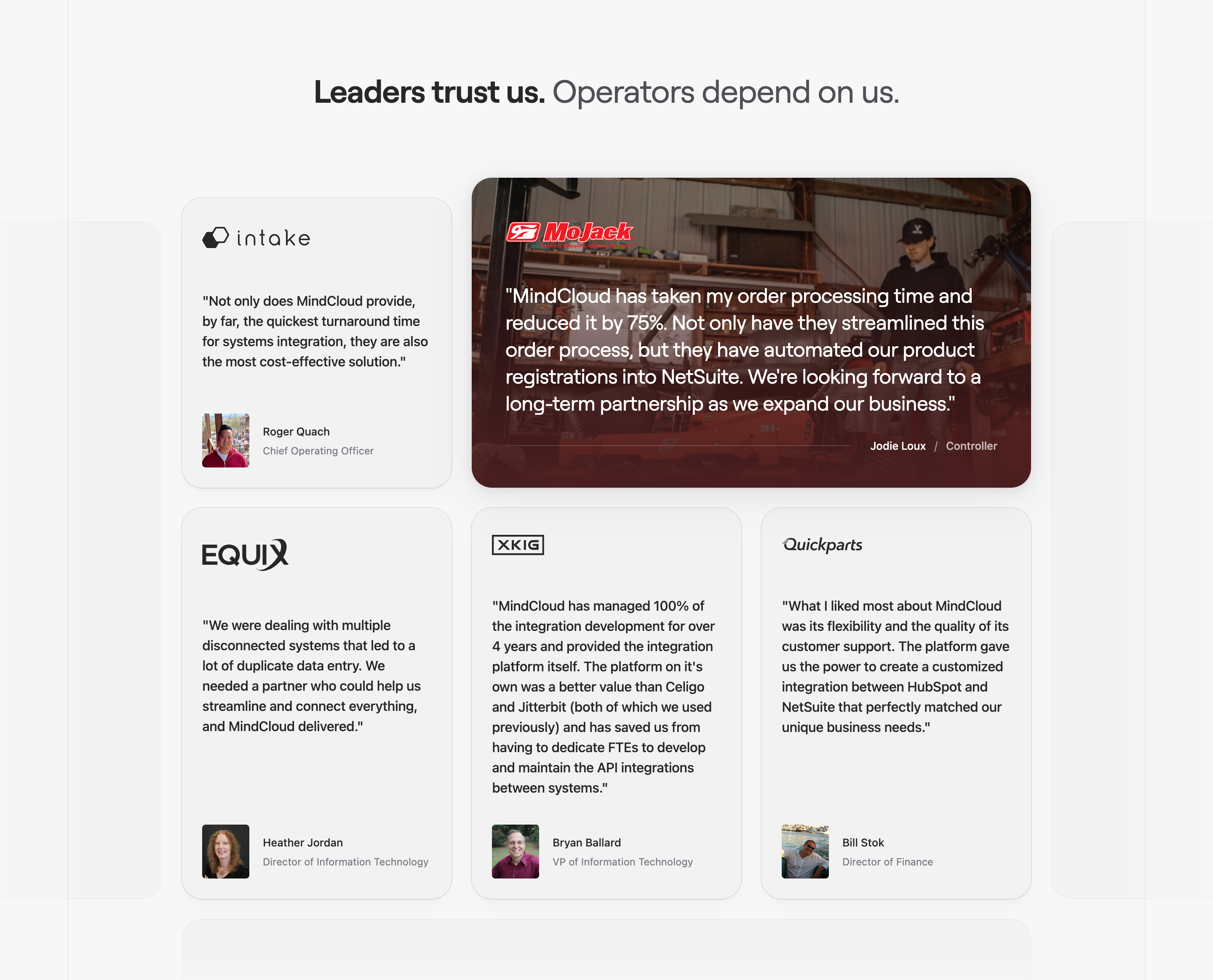 MindCloud testimonial grid with quote cards from Intake, MoJack, Equix, XKIG, and Quickparts plus portraits