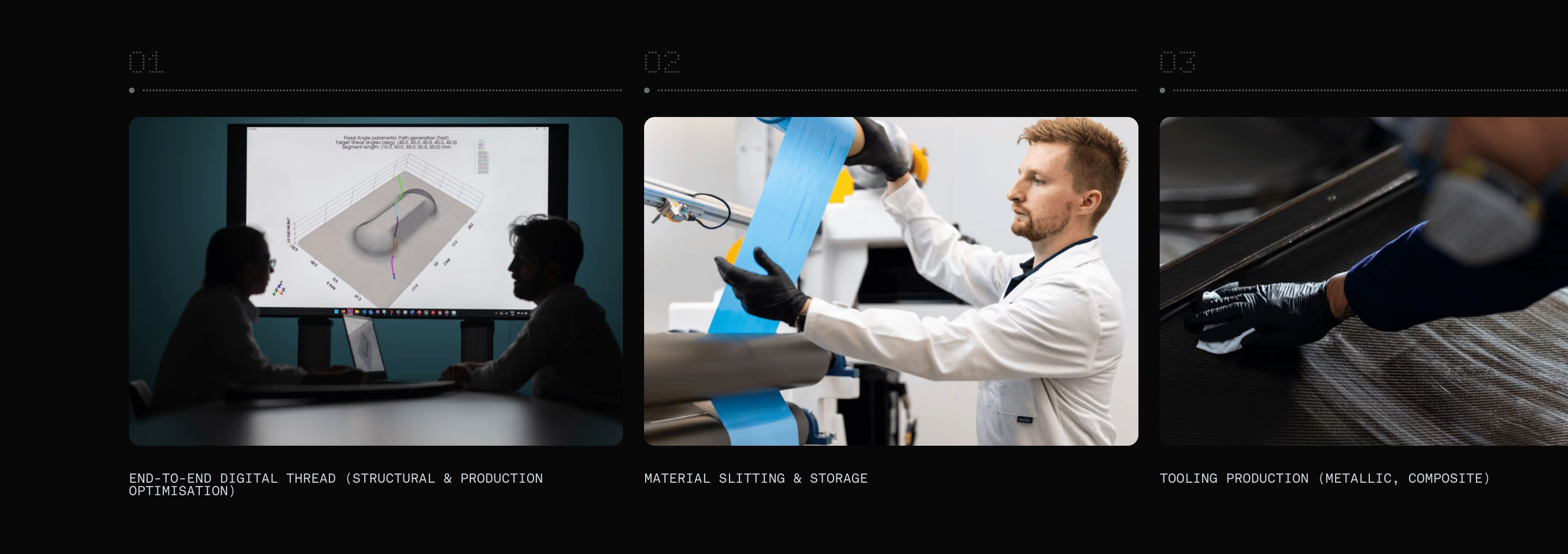 Icomat process overview with three photos: CAD review, material slitting, and composite tooling.