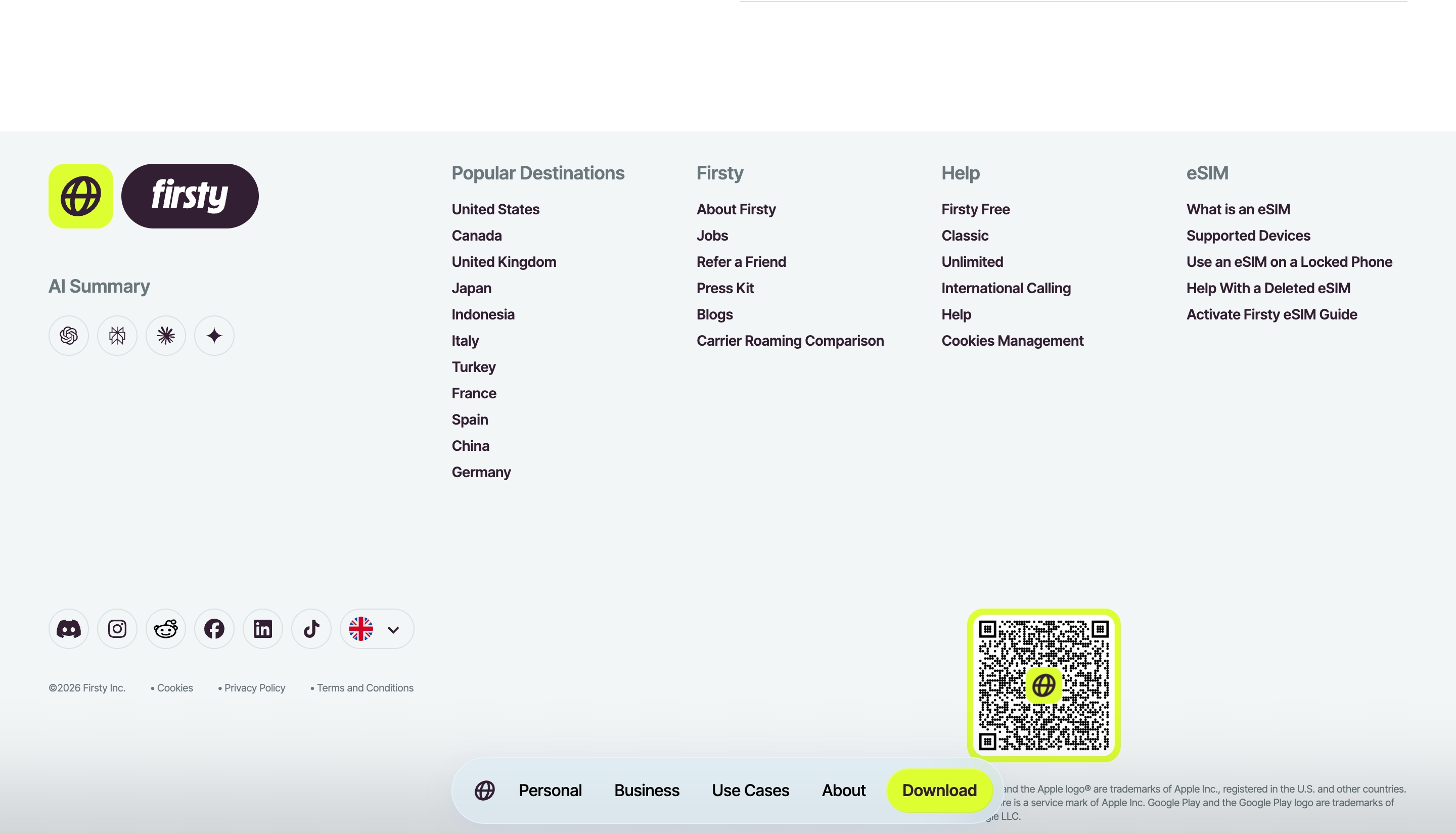 Firsty footer with logo, four link columns, social icons, lime QR code, and a Download nav bar