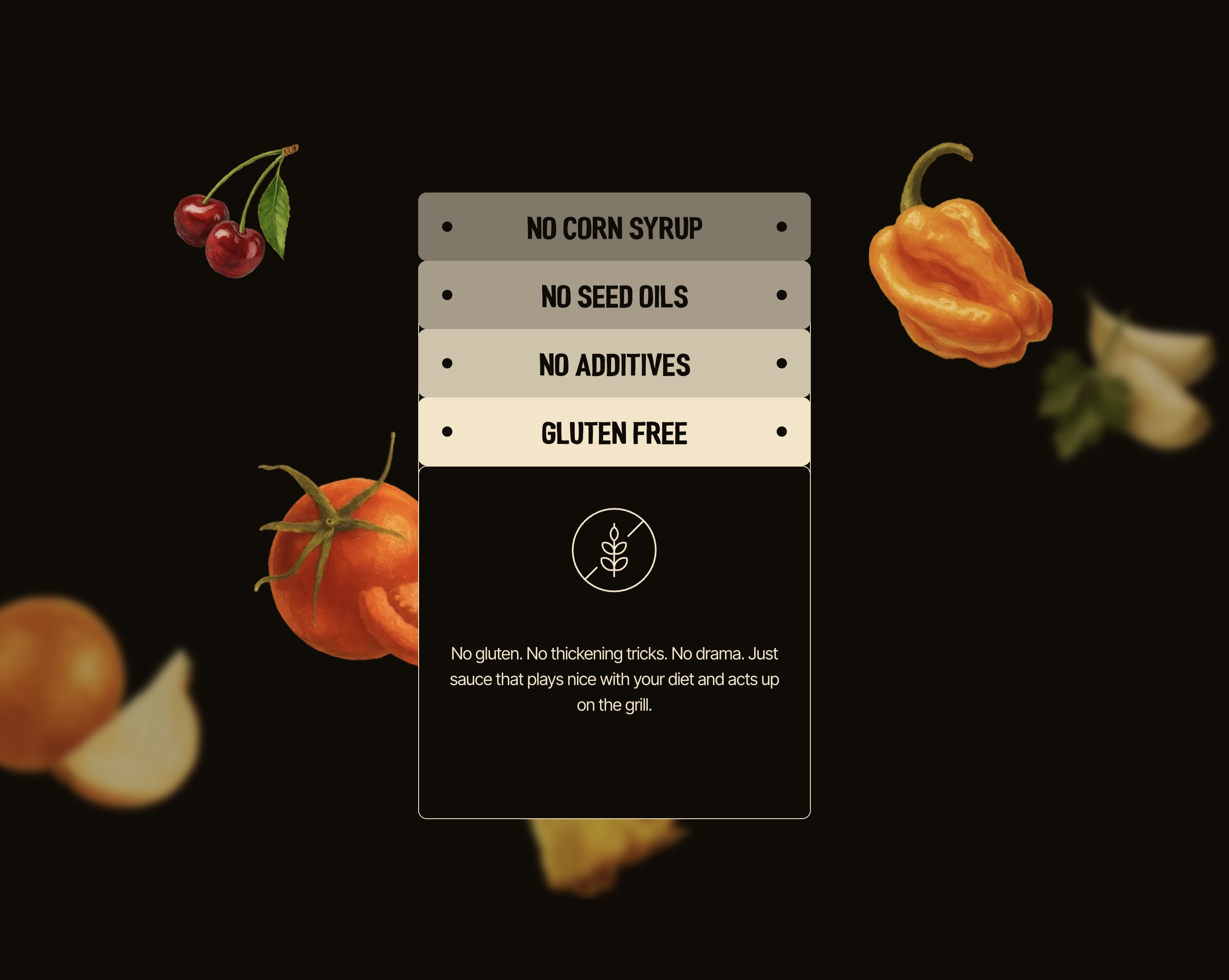 Bucks Sauce dietary highlights: stacked claims and gluten-free copy on black with floating produce.