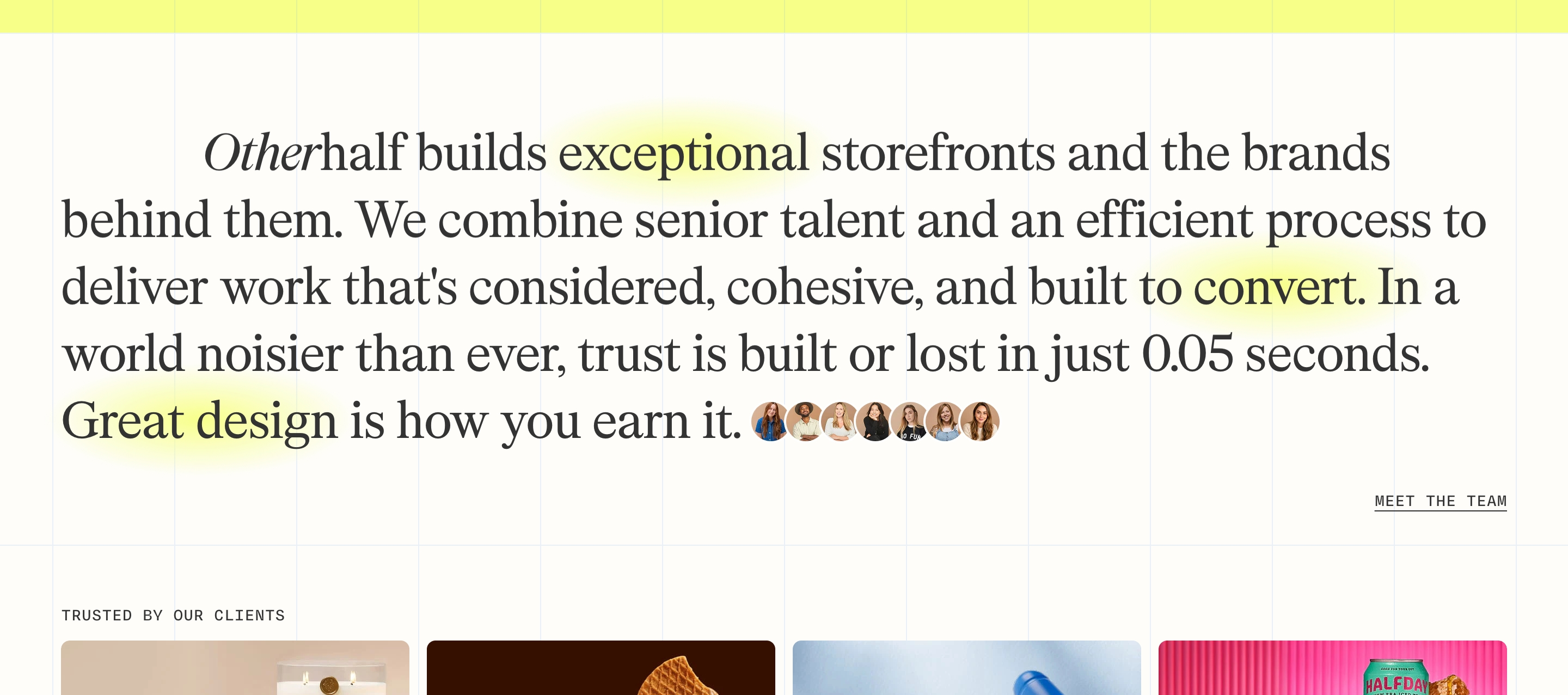 Otherhalf Studio about section with oversized serif manifesto, yellow highlights, team avatars, and client images.