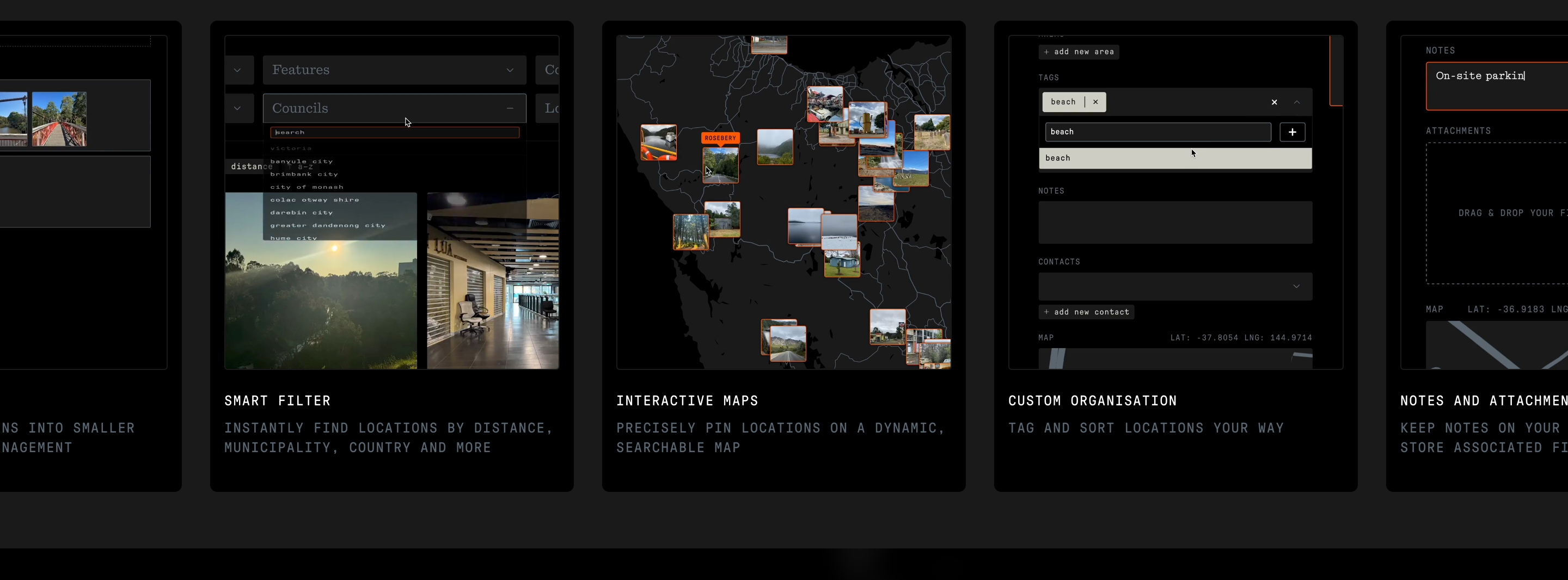 Set Space feature section with dark UI cards for filters, maps, tags, and notes.