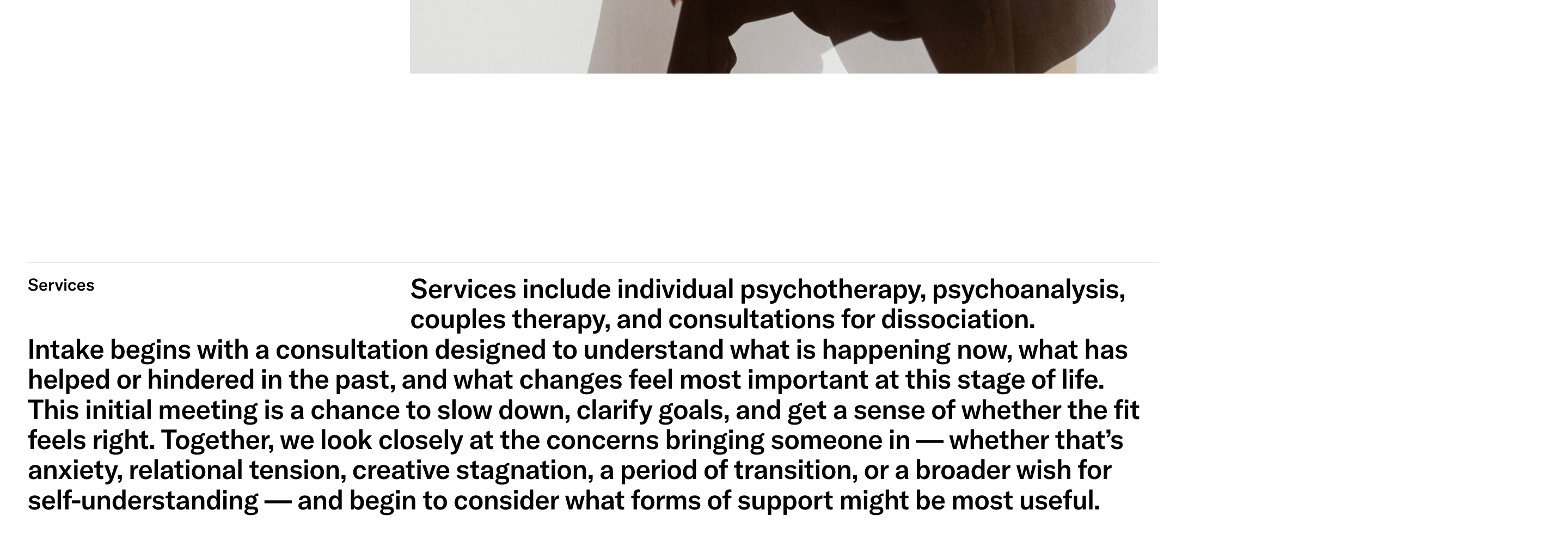 Twofold Therapy services introduction with Services label, headline listing therapy types, and intake consultation paragraph.