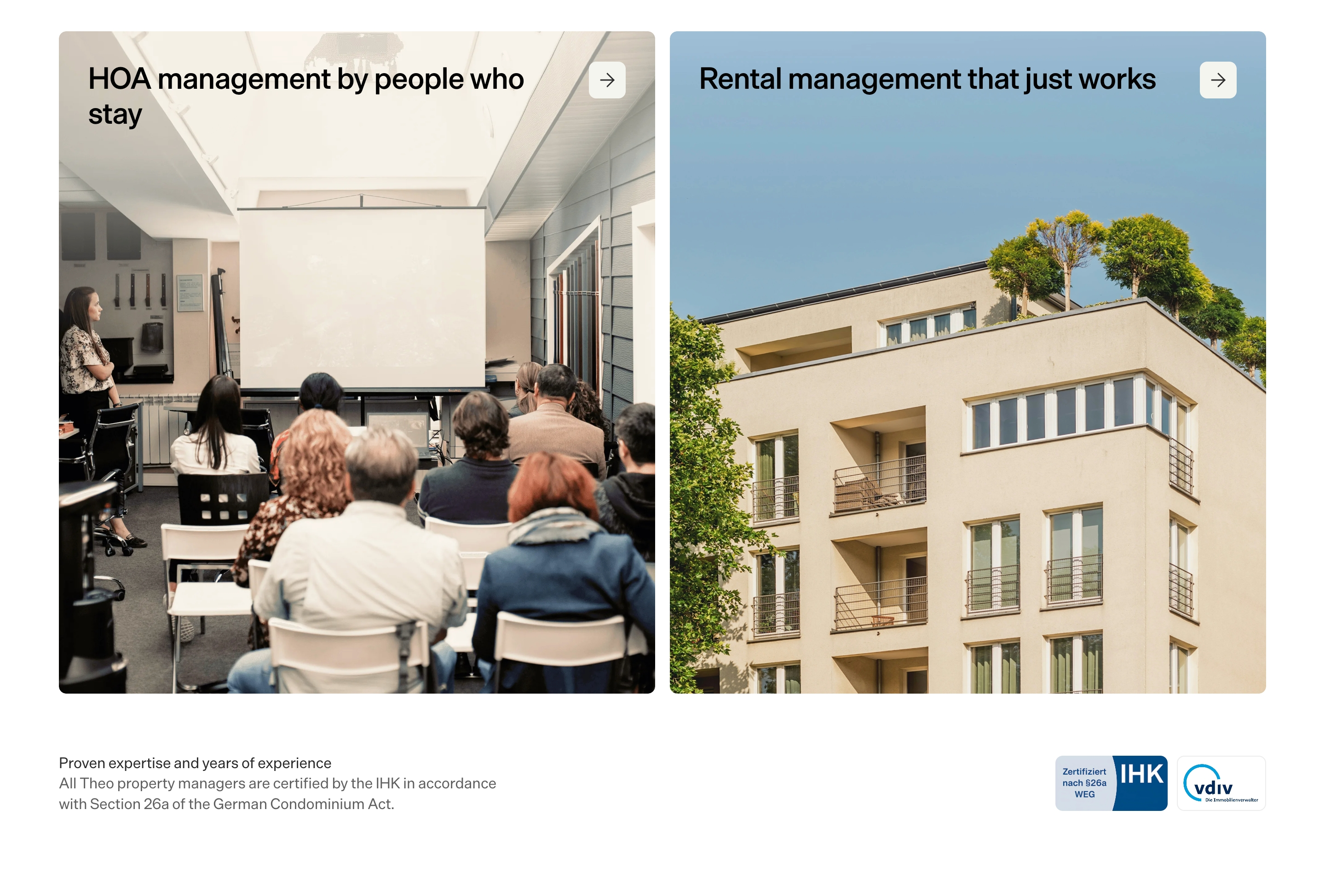 Theo core offerings: two photo cards for HOA and rental management plus IHK certification logos