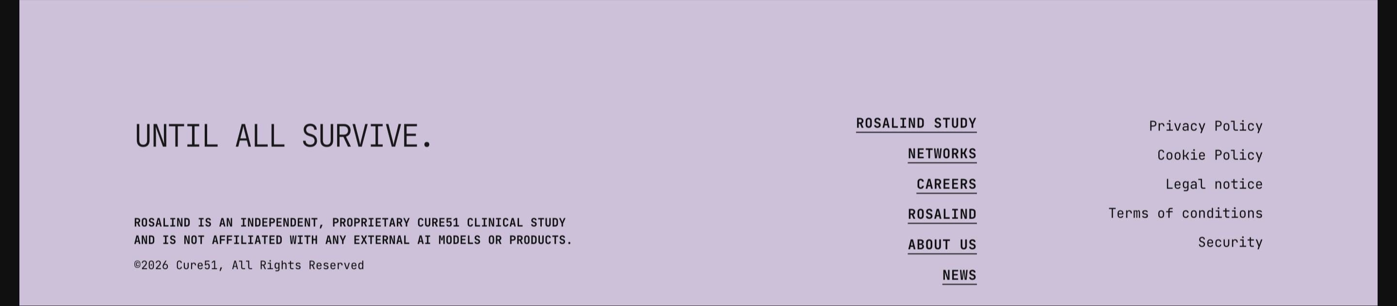 Cure51 footer with Until All Survive headline, Rosalind disclaimer, site links, and legal policies on lavender