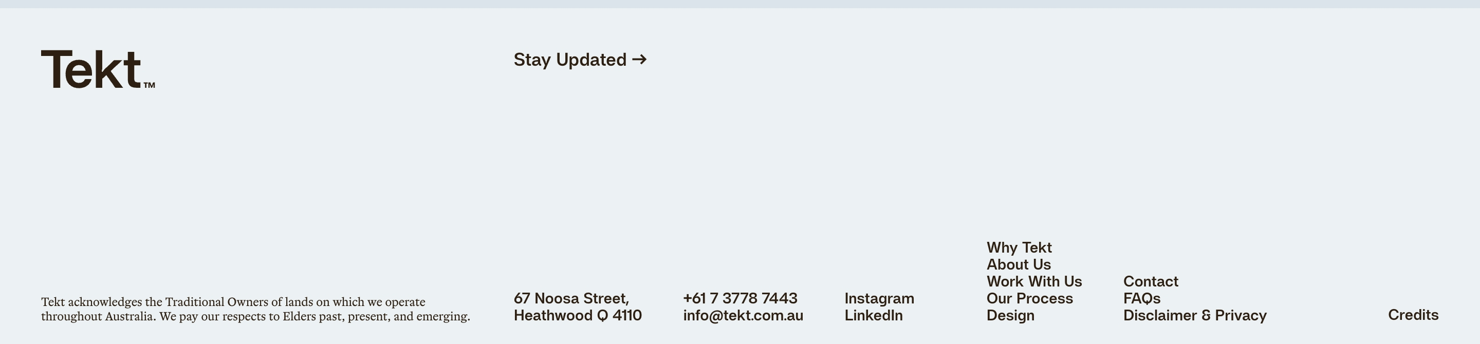 Tekt footer showing logo, Stay Updated, Traditional Owners note, address, contact, social links, and navigation.