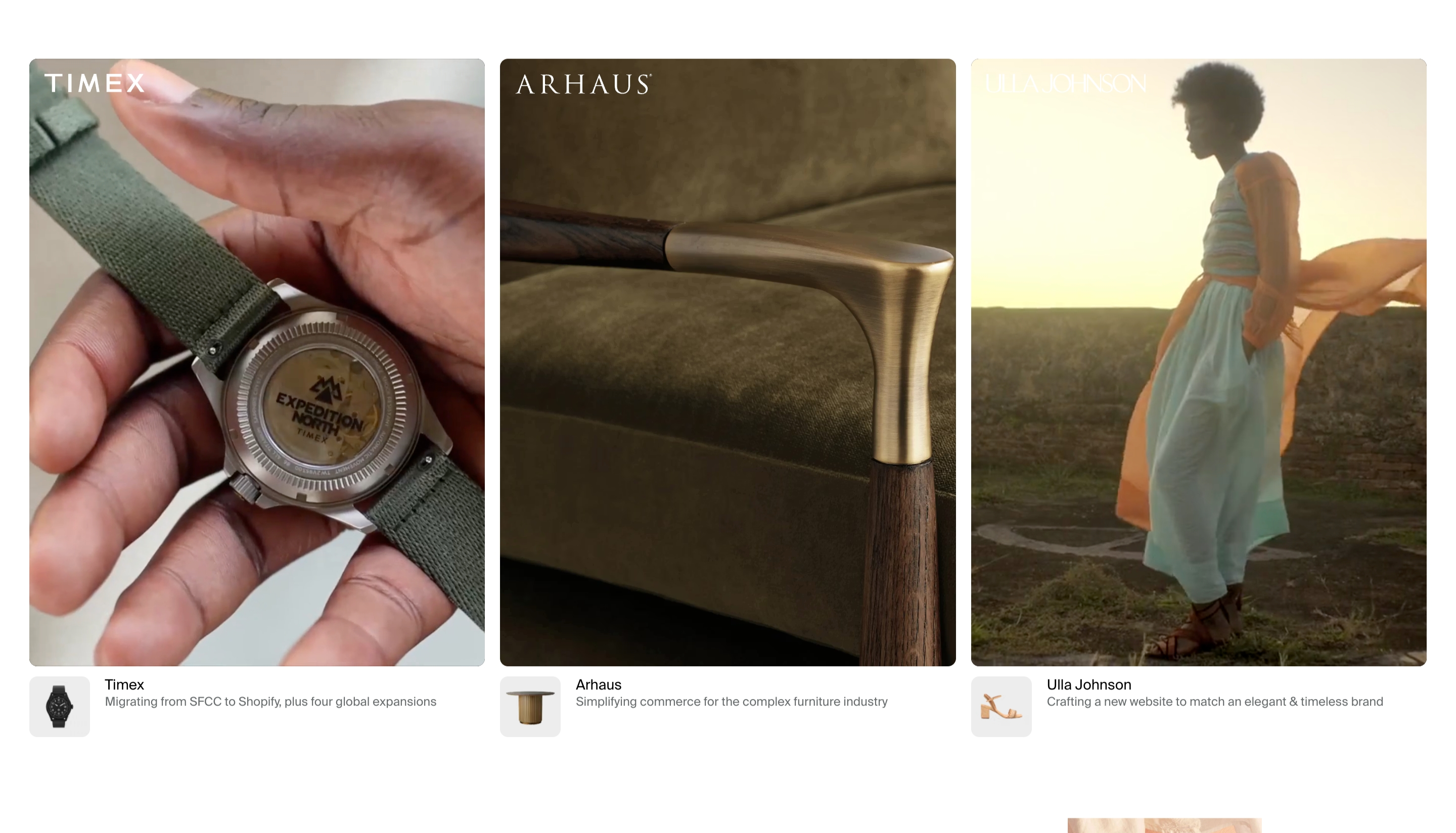 Domaine case studies gallery with three photo cards for Timex, Arhaus, and Ulla Johnson plus captions
