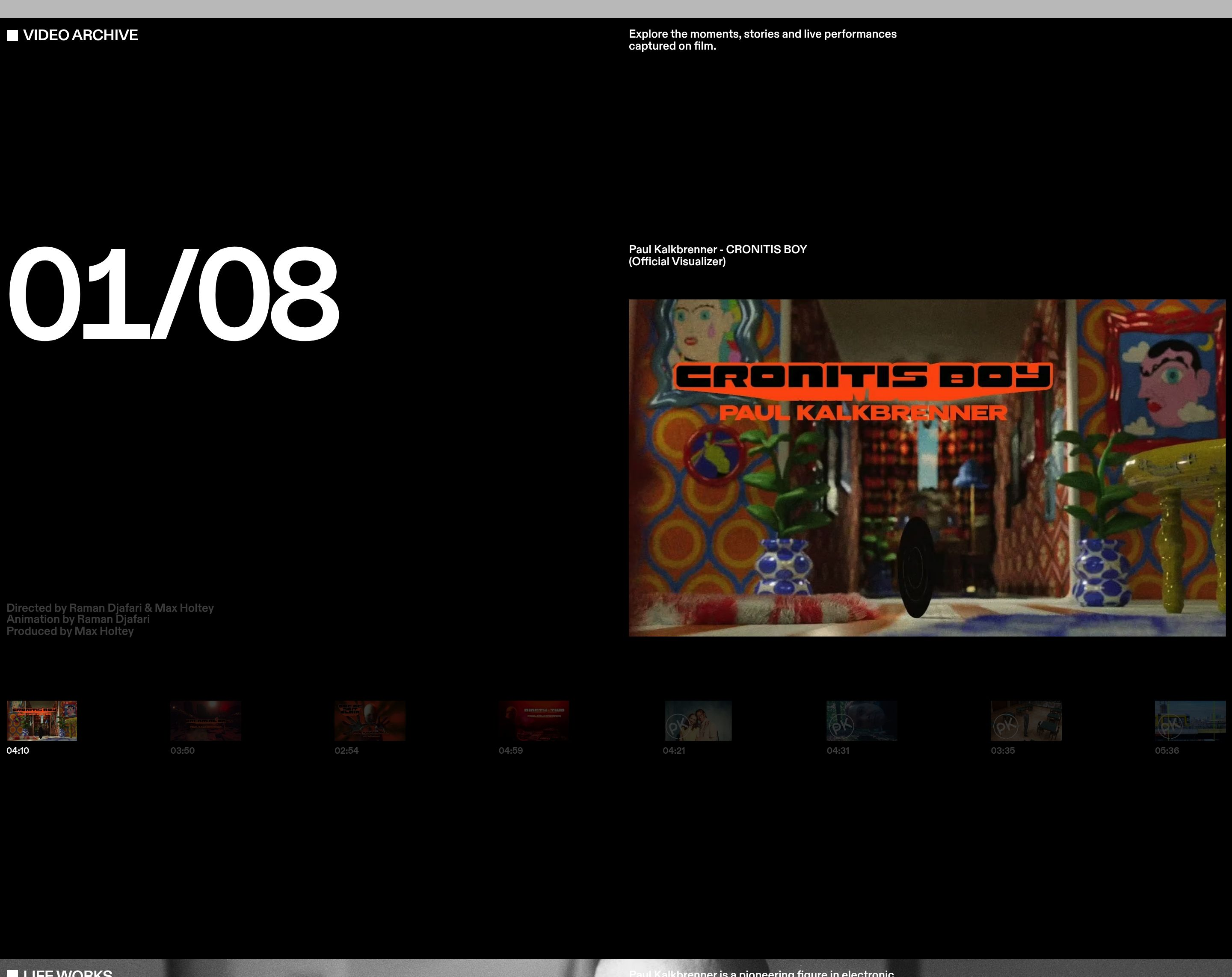 Paul Kalkbrenner video archive with 01/08 index, Cronitis Boy still, credits, and eight thumbnails.