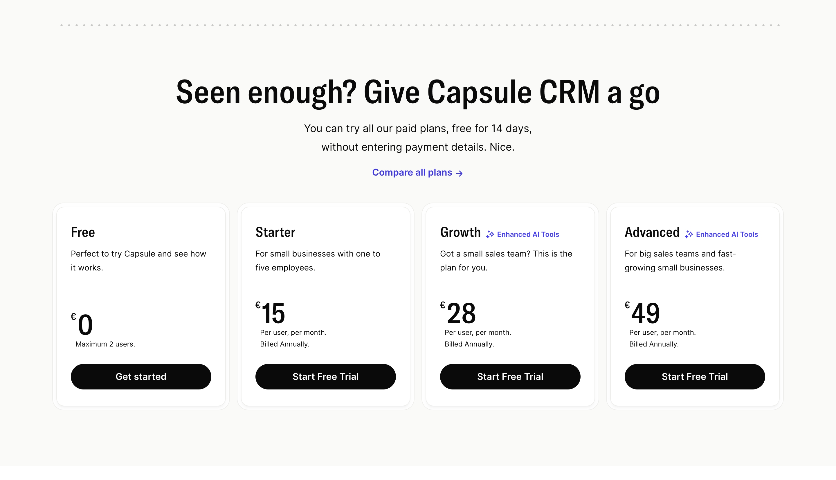 Capsule CRM pricing section with Free, Starter, Growth, and Advanced plan cards under a trial headline.