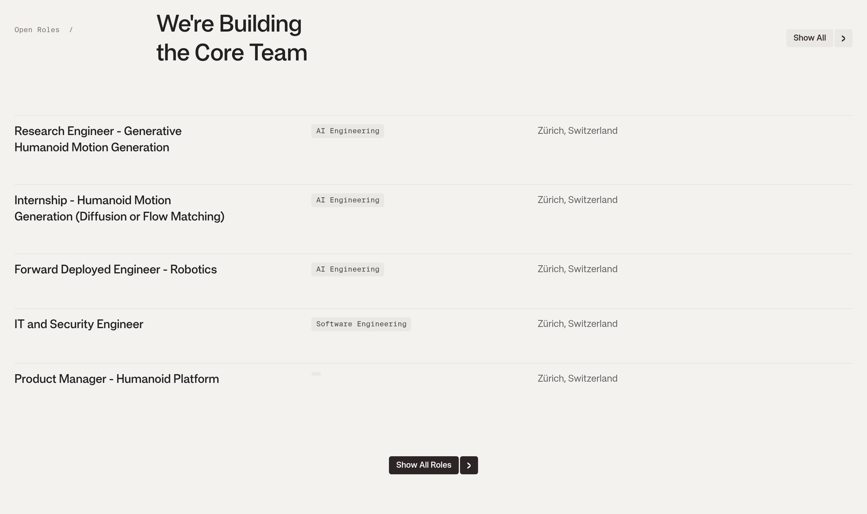 Flexion Robotics open roles listing with Core Team headline, job titles, department pills, and Zürich locations.