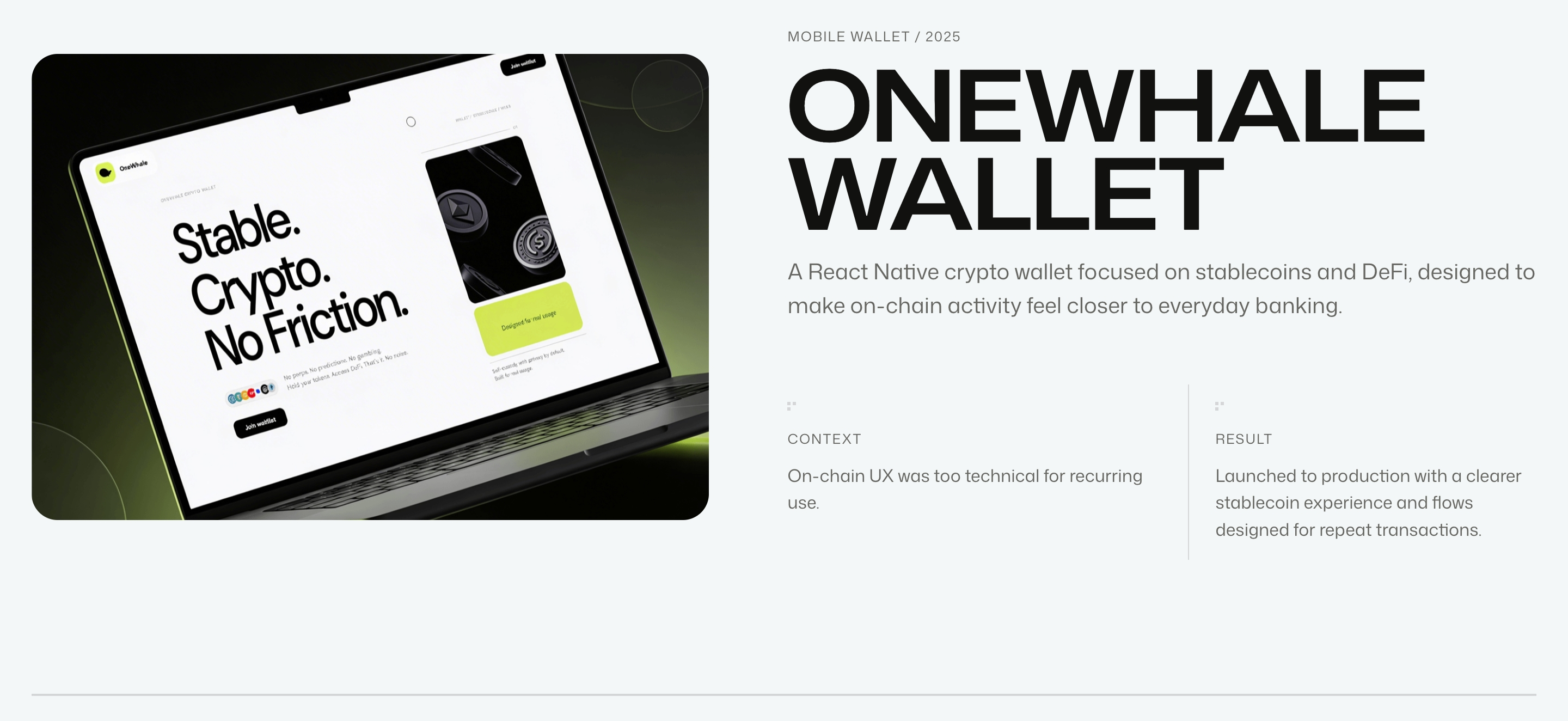 Zentto Onewhale Wallet case study with laptop mockup, oversized title, and context-result copy.