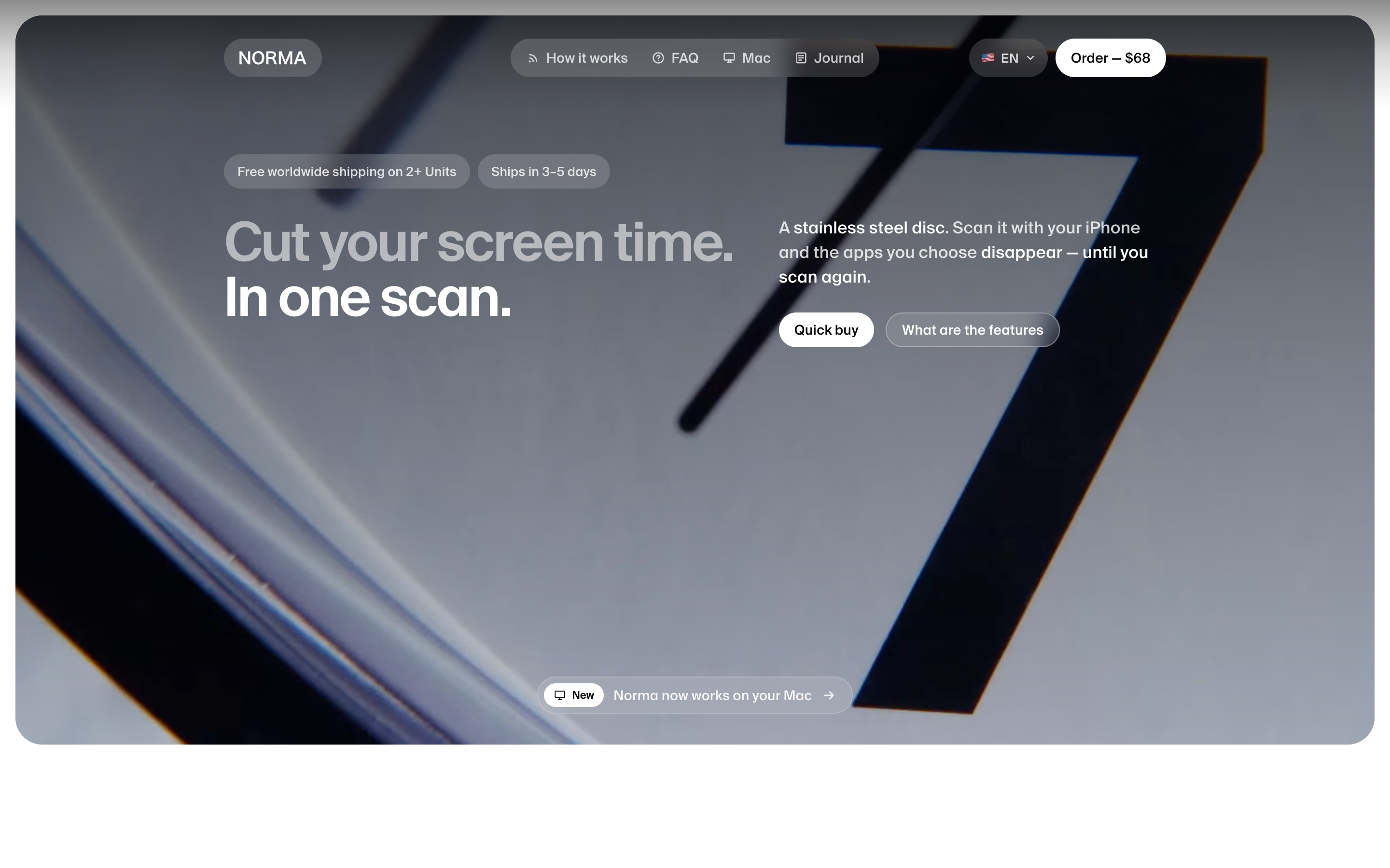 Norma hero: dark steel-disc photo, two-column “Cut your screen time” headline, product copy, and buy buttons