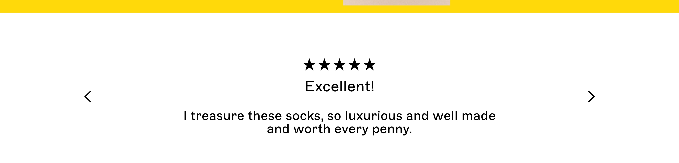 Pairs Socks reviews carousel with five stars, Excellent heading, luxury socks quote, and side arrows