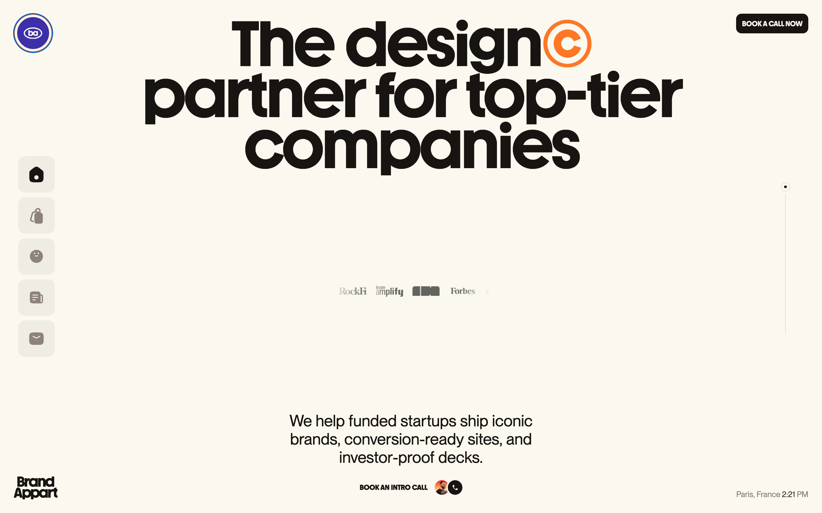 Brand Appart homepage hero with large black headline, orange copyright mark, client logos, and intro-call CTA on cream.