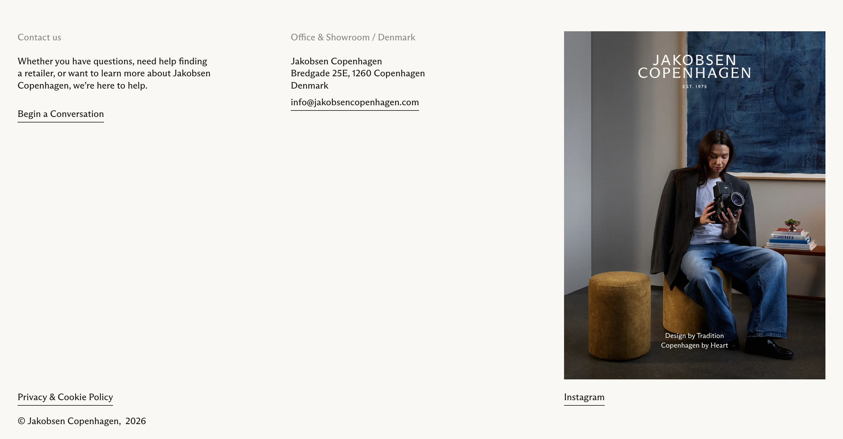 Jakobsen Copenhagen contact footer with help text, Denmark address, email, and a seated photographer photo.