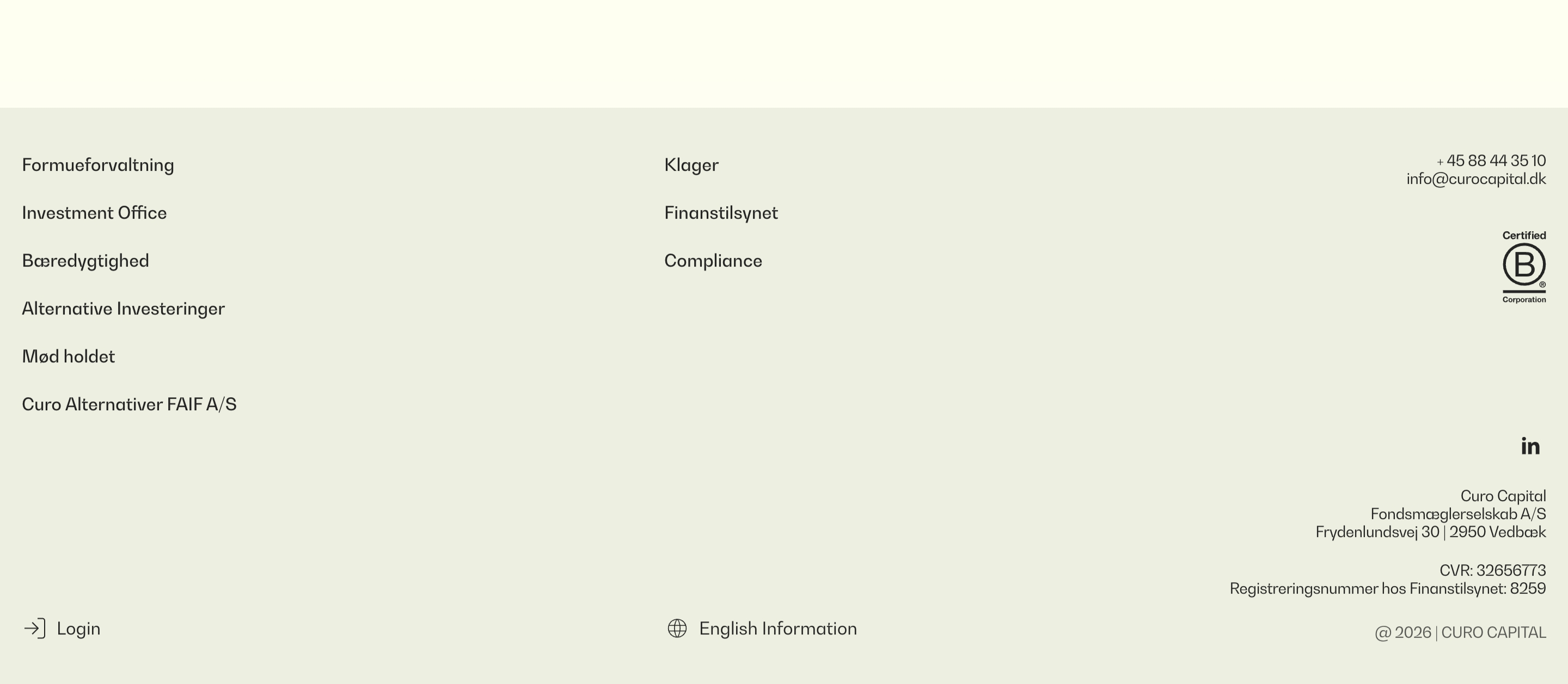 Curo Capital footer with service links, compliance items, contact details, B Corp mark, and address on pale green.