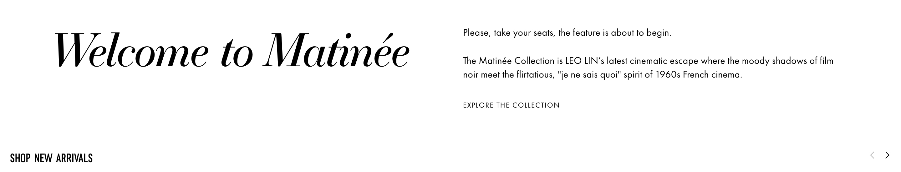 Leo Lin intro section with italic Welcome to Matinée headline, collection copy, and Explore the Collection