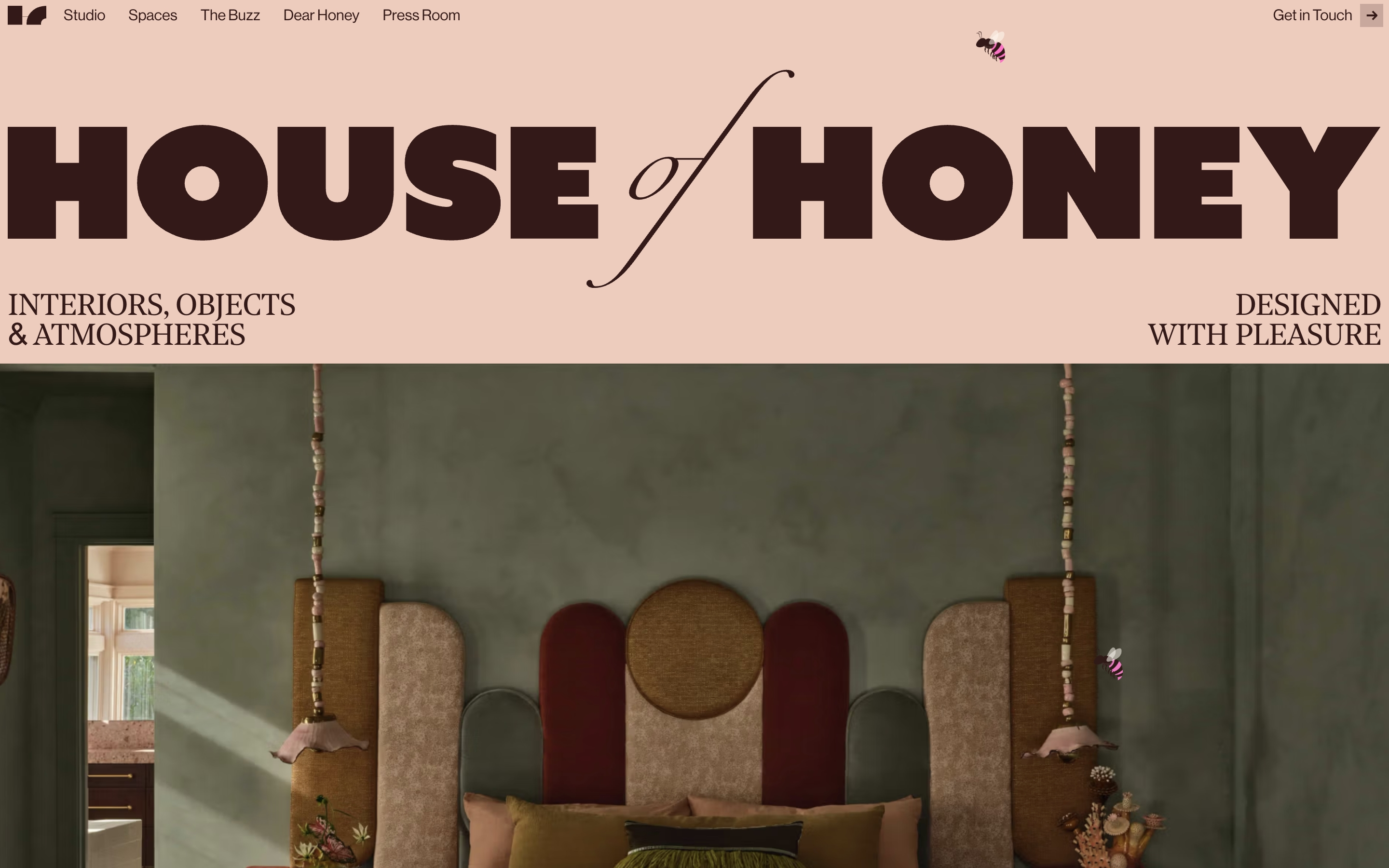 House of Honey hero with blush wordmark, split tagline, nav, and a sculptural bedroom photograph.