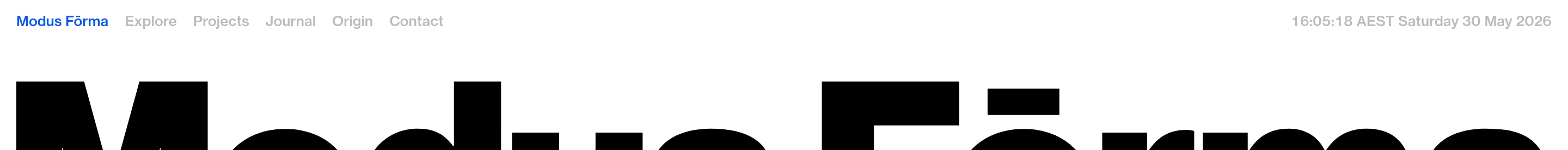 Modus Forma header with blue logo, gray nav, timestamp, and cropped oversized black wordmark