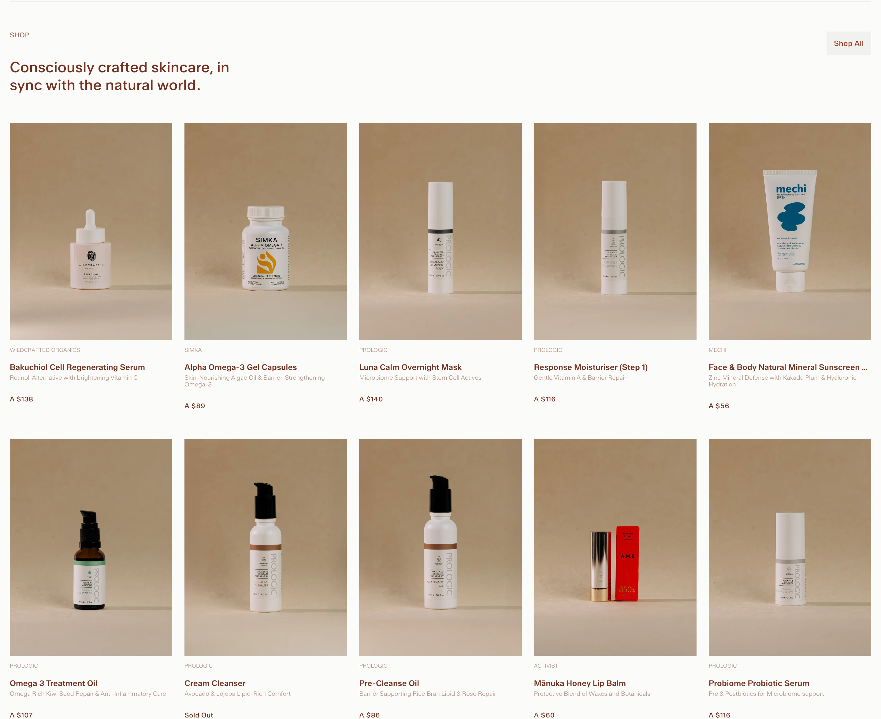 Siha Shop All gallery: five-column grid of skincare products on beige, with names and prices.