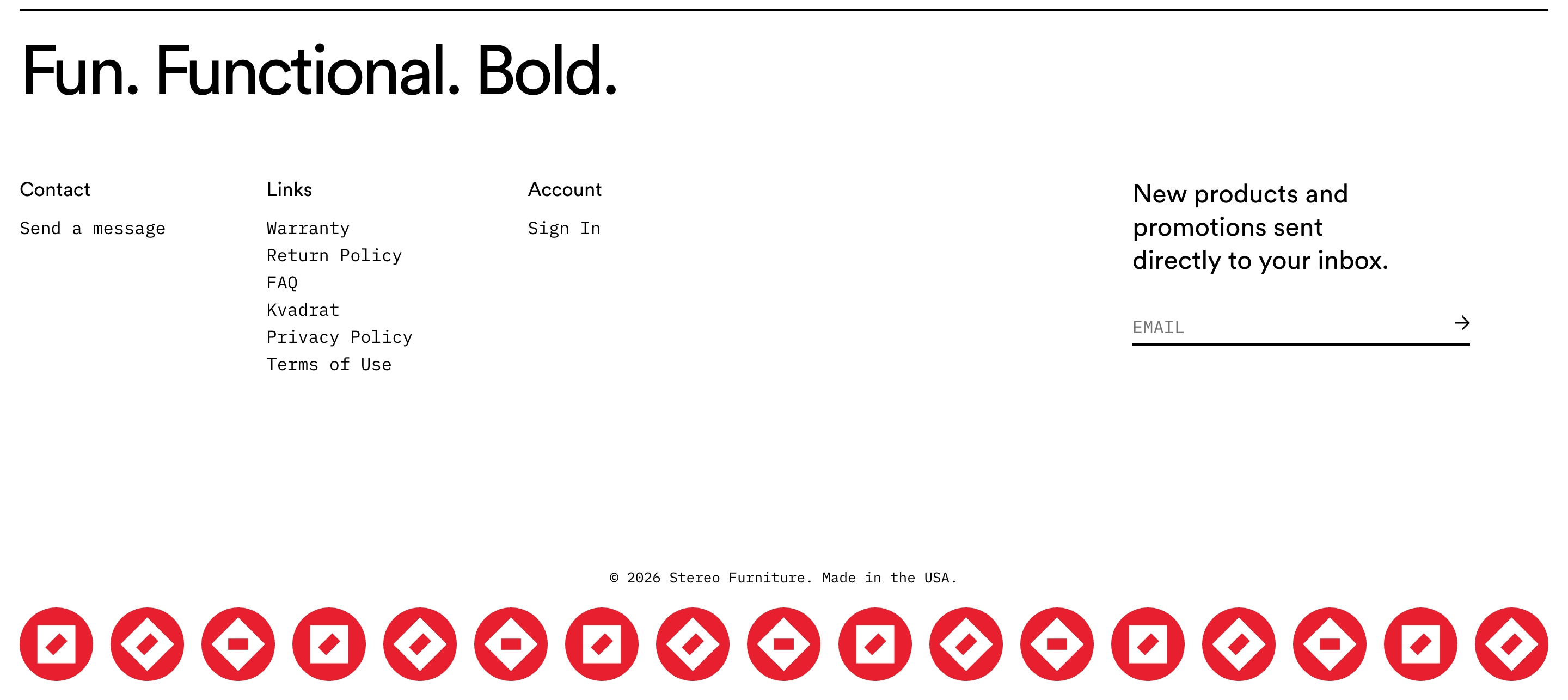 Stereo Furniture footer with Fun. Functional. Bold. headline, link columns, email signup, and red geometric icons