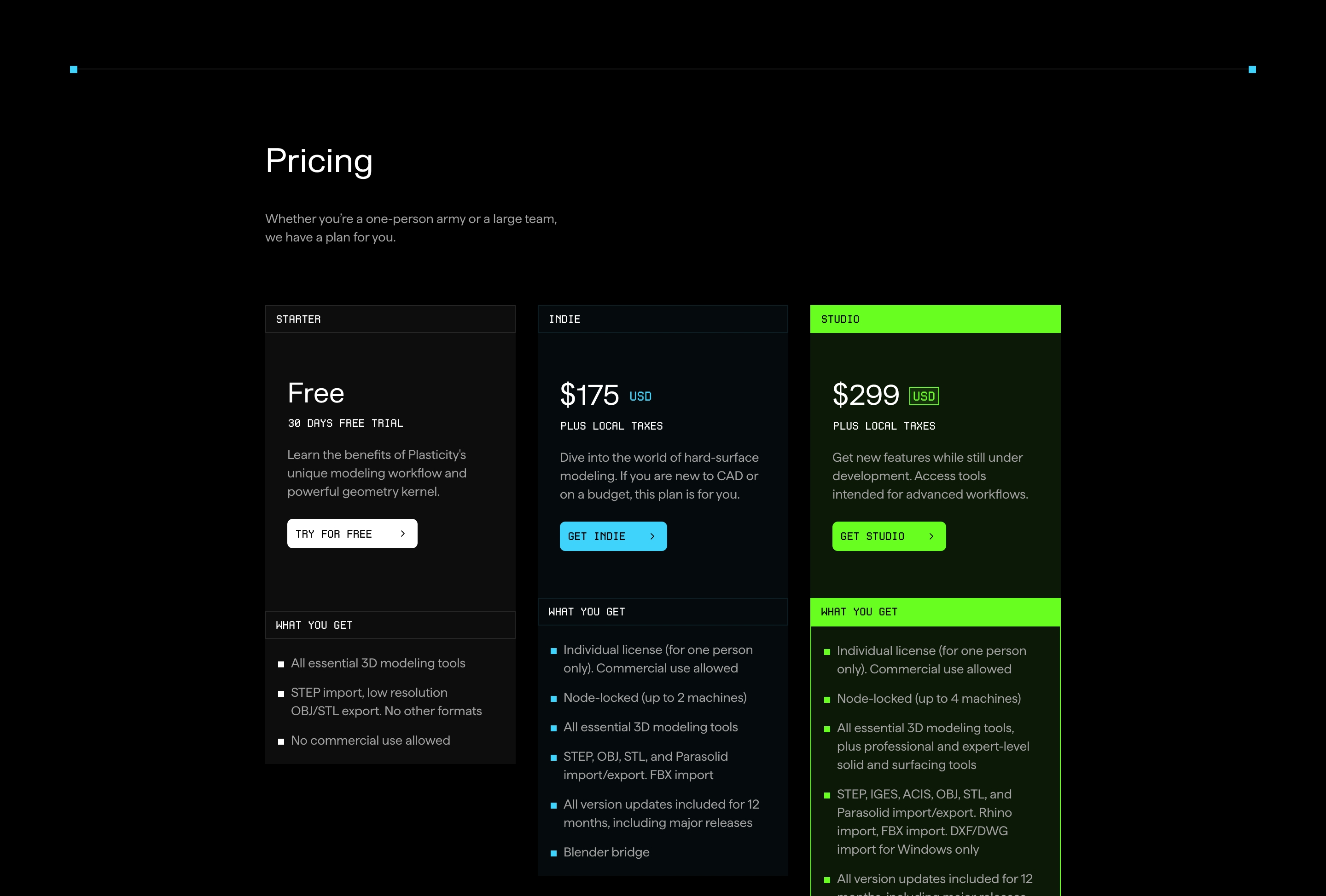 Plasticity pricing table with Starter, Indie, and Studio cards on black; Studio uses bright green accents.
