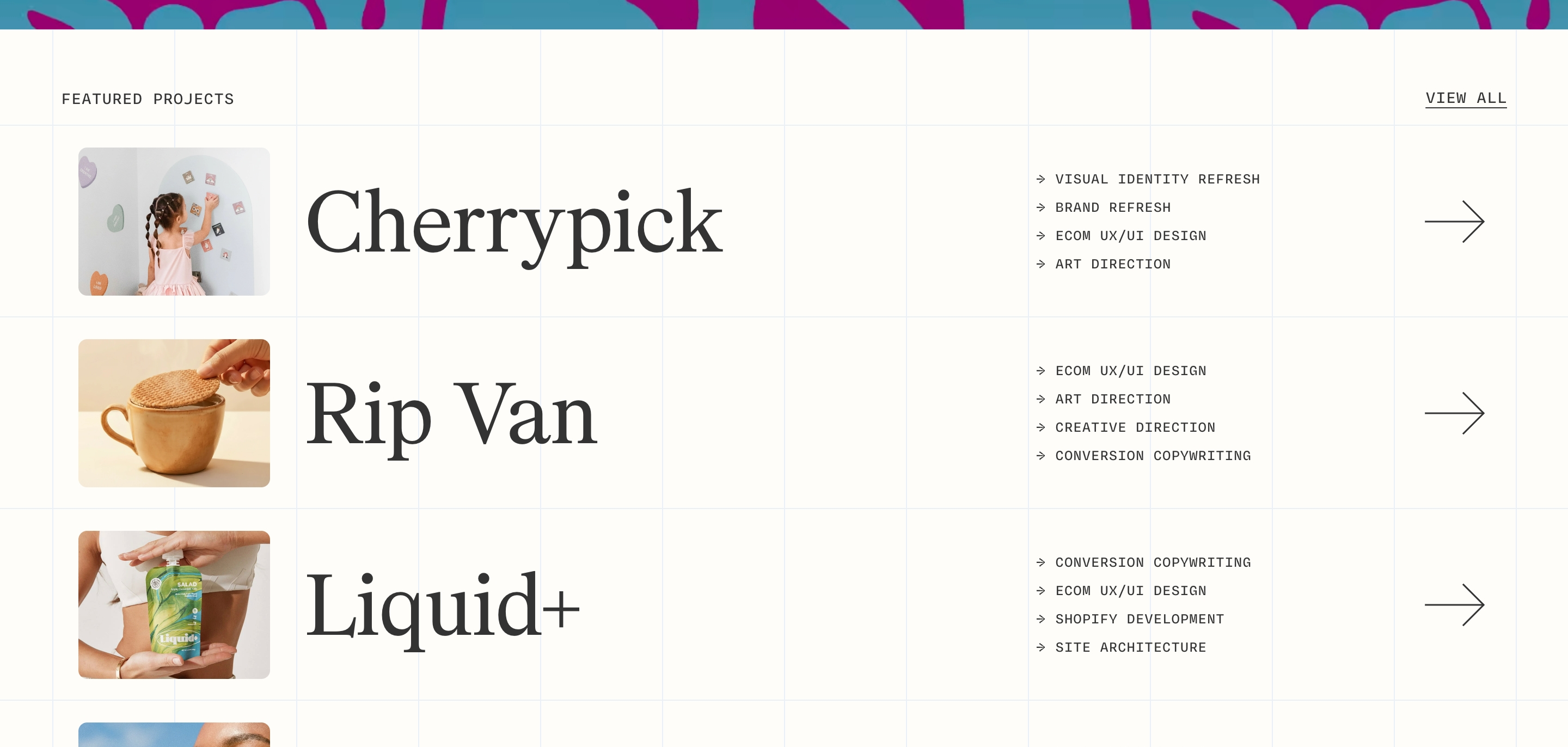 Otherhalf Studio featured projects list with Cherrypick, Rip Van, Liquid+ images, titles, and services
