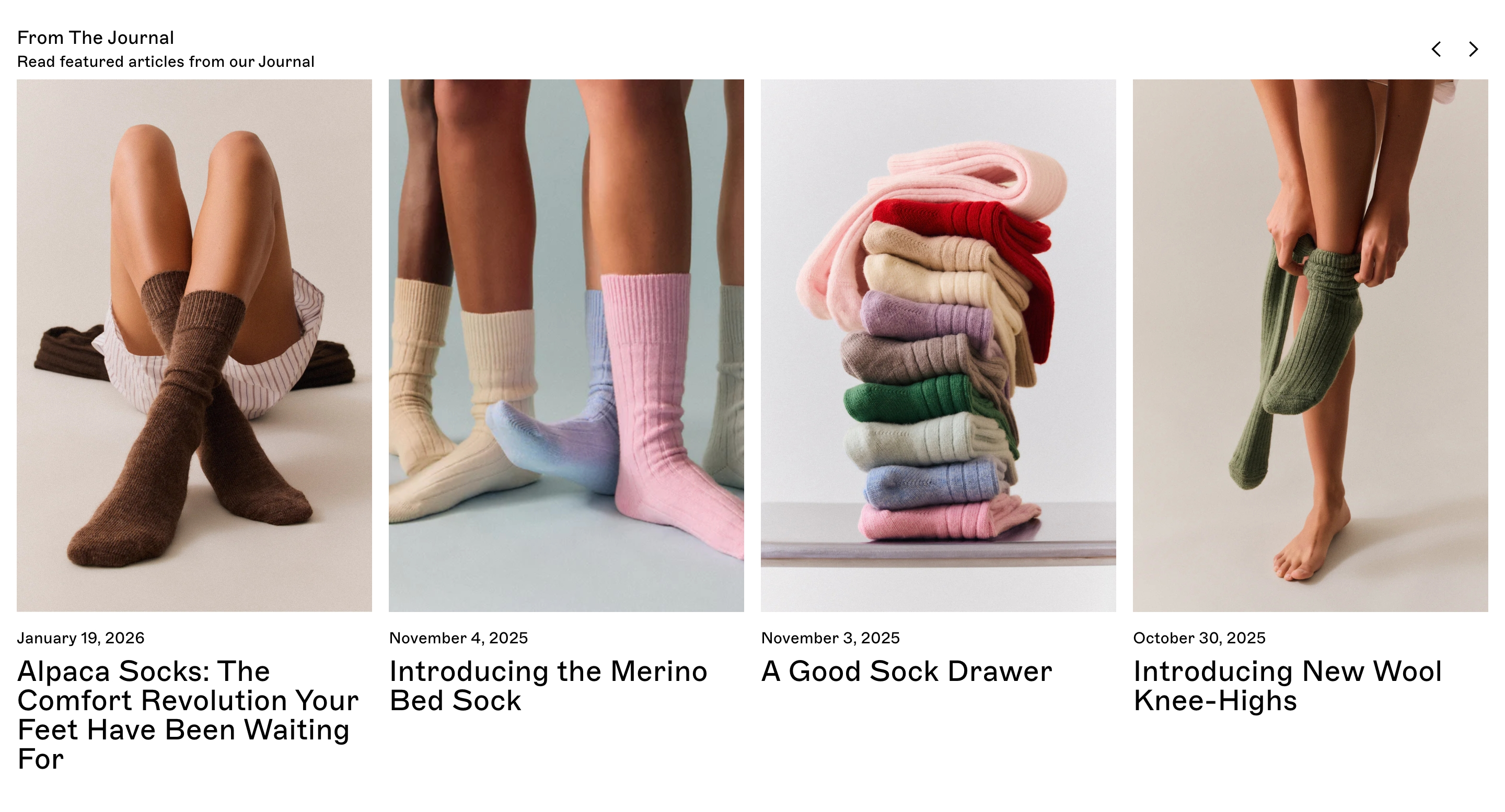Pairs Socks From The Journal: four lifestyle sock photos with dates and article headlines