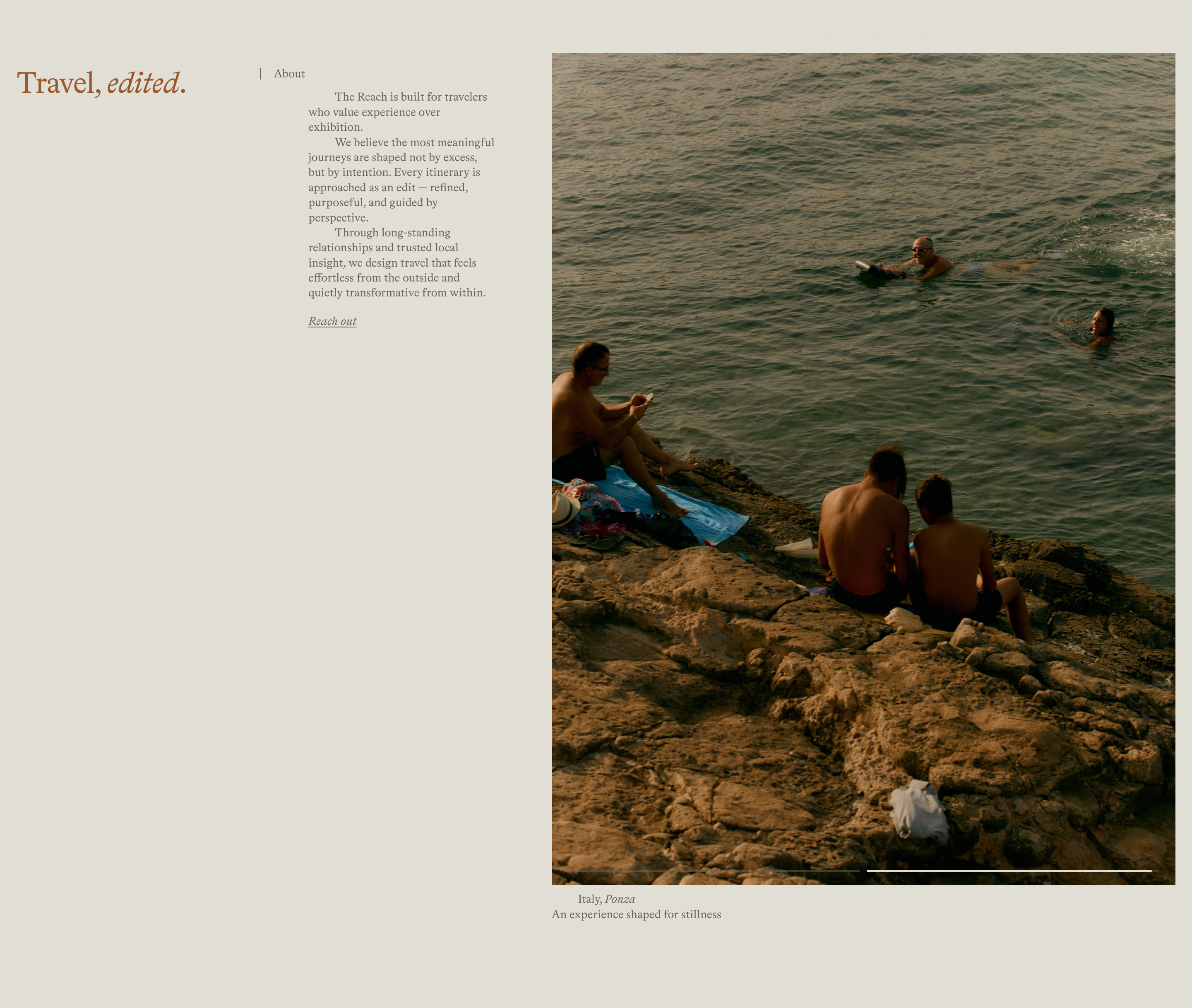 The Reach About section with italic Travel, edited. headline, copy, and Ponza rocky-coast photograph